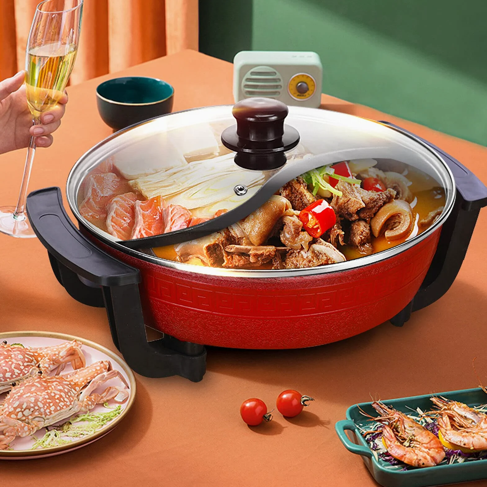 Home - Casserole à fondue électrique - 6 l - 1300 W - Avec couvercle - Yin Yang - Pour fondue chinoise - Plan de travail de cuisine - Rouge, YYQDXQ-4052
