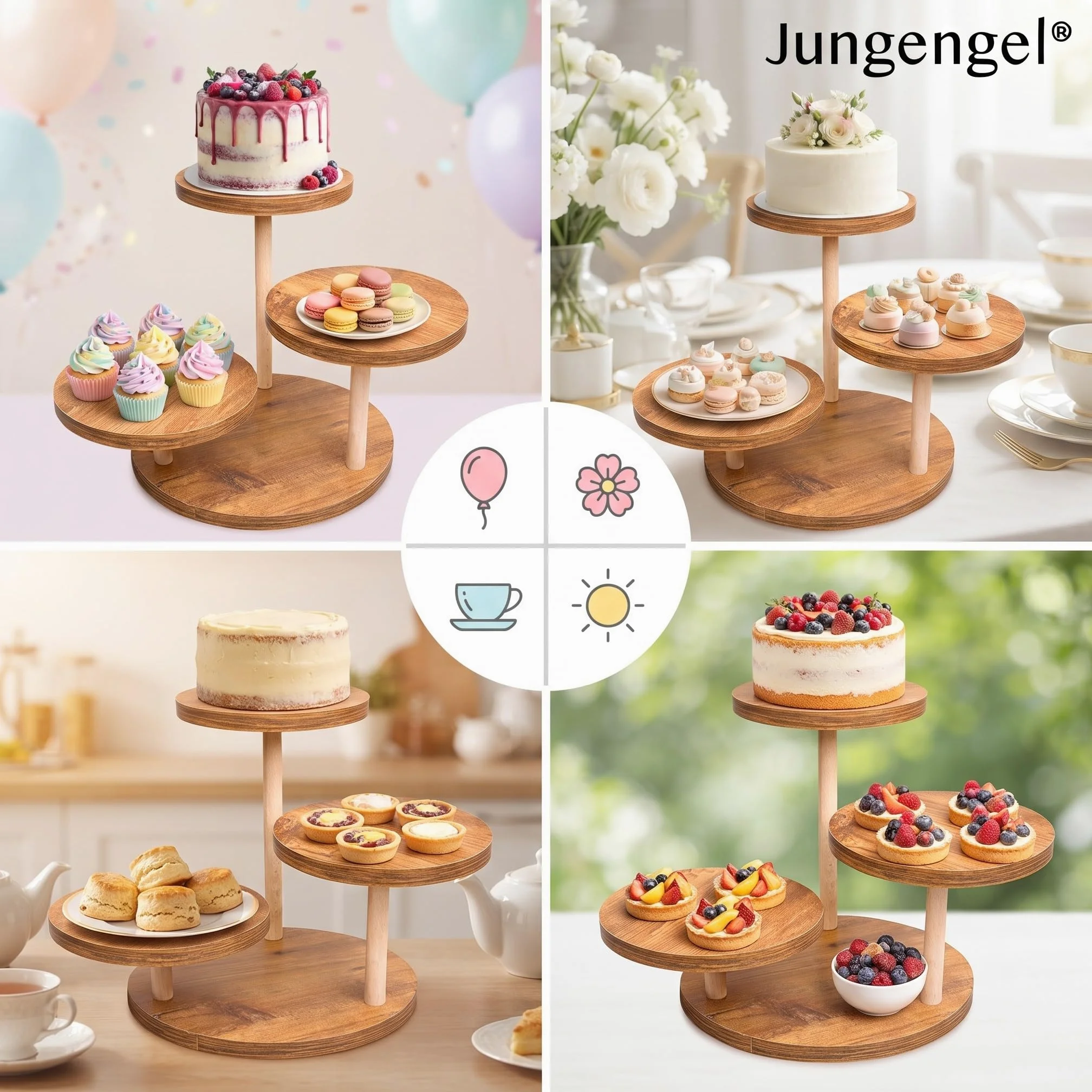 Présentoir à Gâteau 3 Niveaux en Bois Ø 22 cm stable | Support cupcakes, fruits & buffet apéritif. Montage sans outils, 3 niveaux décalés - idéal aussi en cadeau.