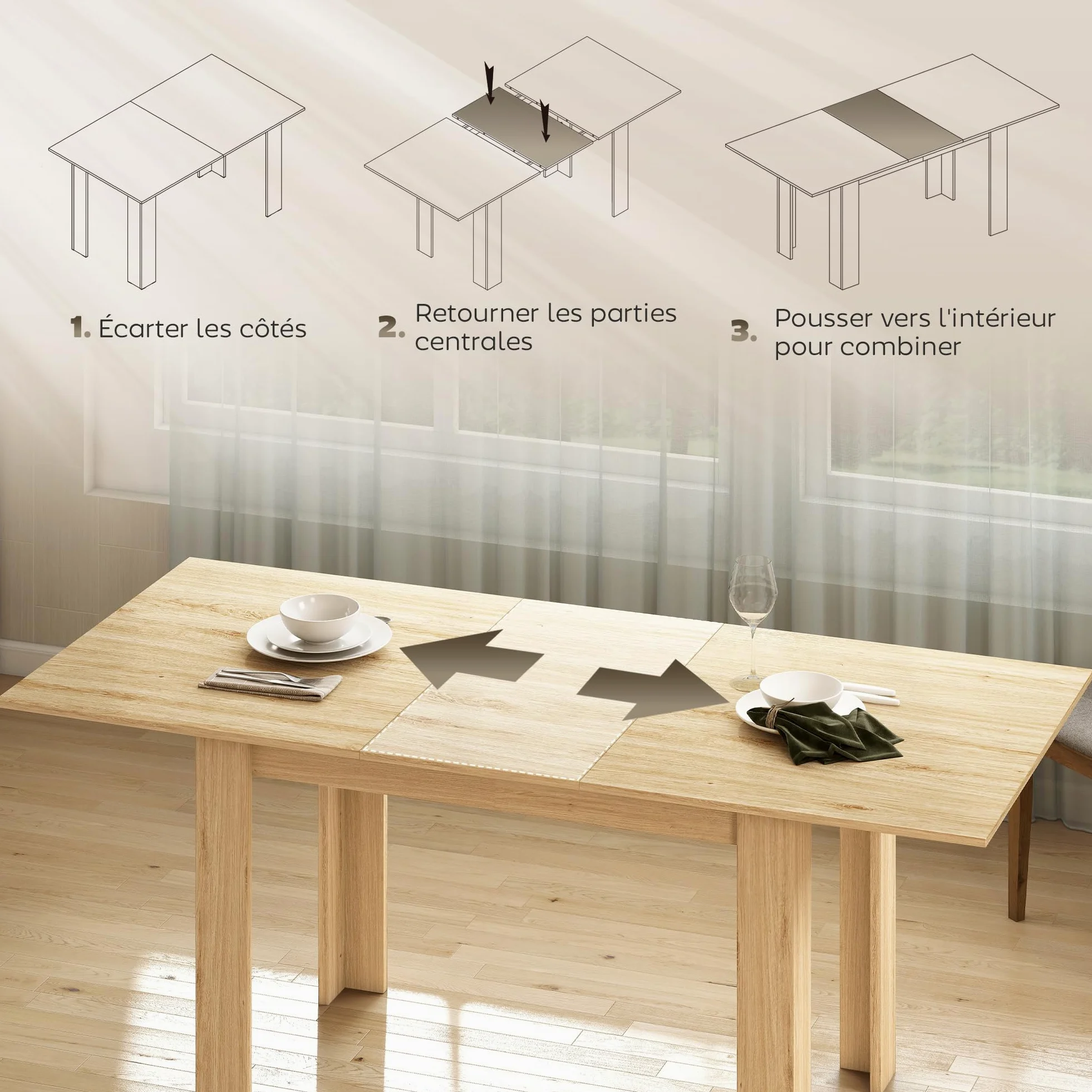 HOMCOM Table à Manger Extensible, Table de Cuisine rectangulaire, pour 6-8 Personnes, pour Petits espaces, Design Moderne, 140-180 x 80 cm, Effet Bois Naturel