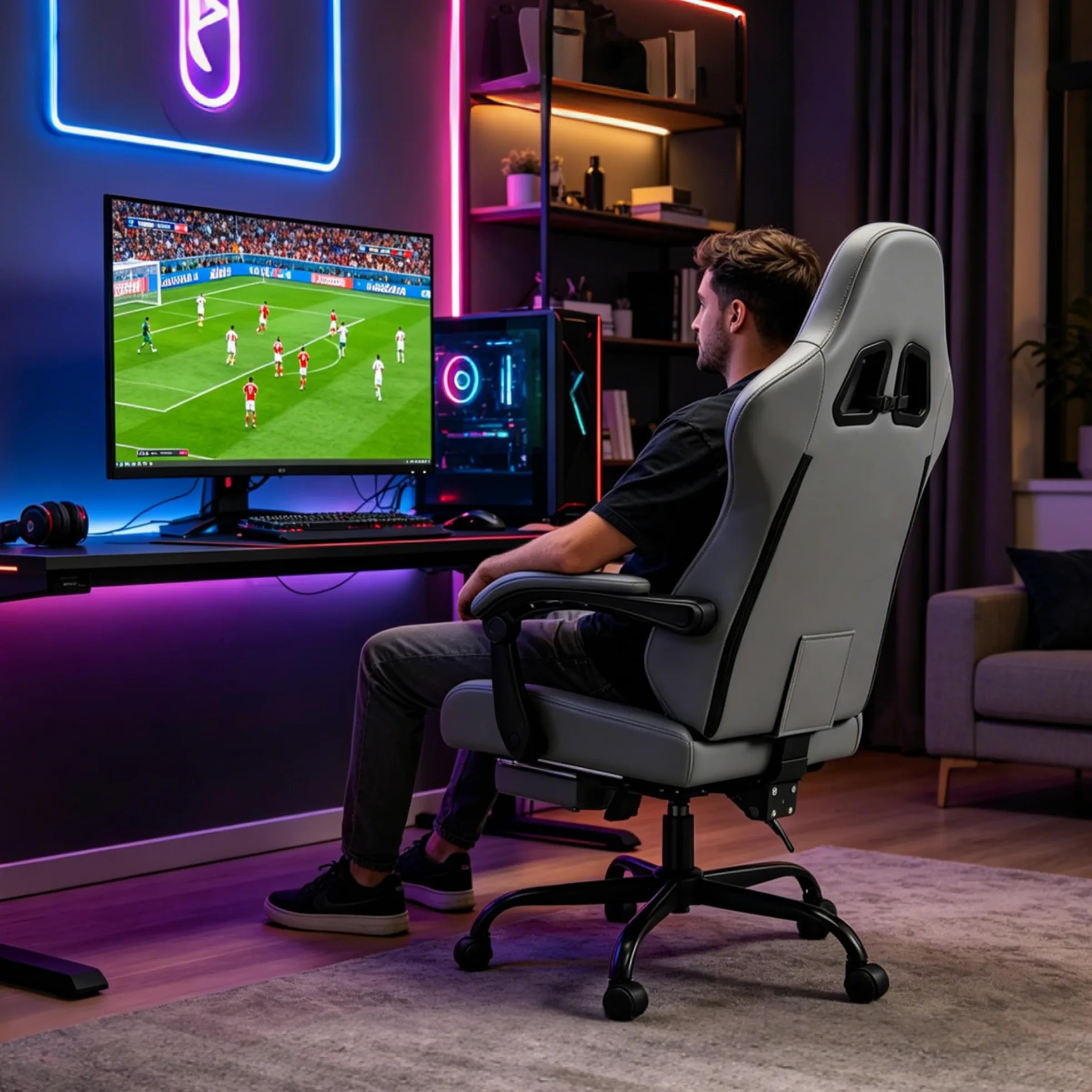 Symino Chaise de Gamer Ergonomique, Chaise Gaming avec Soutien Lombaire Repose-Pieds, Fauteuil de Bureau réglable et pivotant capacité de Charge 150 kg, Cuir PU Noir