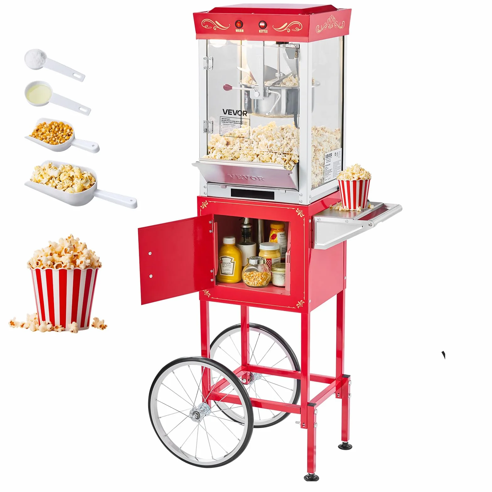 VEVOR Machine à Pop Corn avec Chariot, Éclateur de Maïs 800 W, Grand Bol en Inox 0,2 kg, 48 Tasses par Lot, avec Commande à 2 Boutons, Paroi en Verre, Porte PC, Pelle Doseuse et Cuillères, Rouge