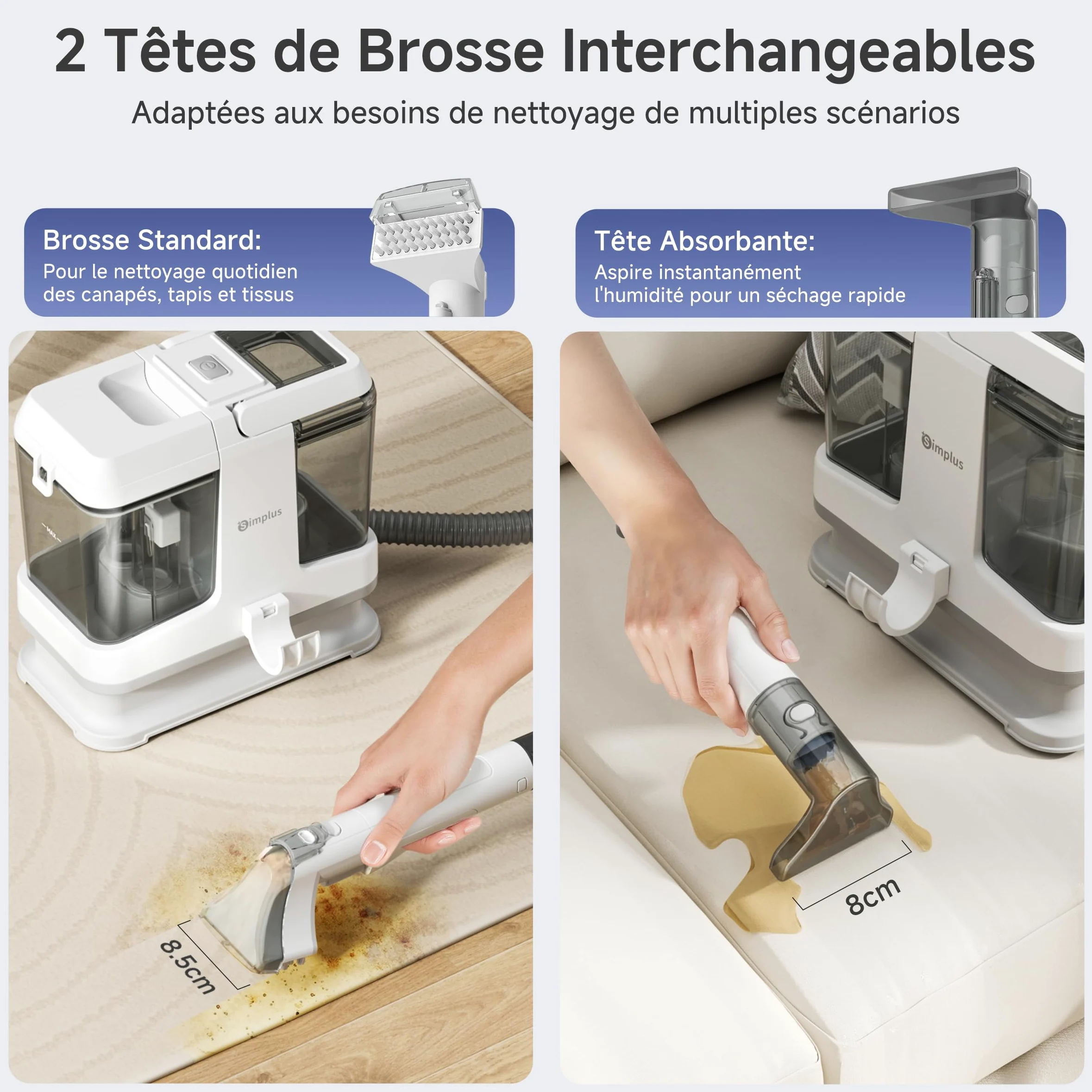 SIMPLUS Shampouineuse Canapé avec Fonction Autonettoyante, Nettoyeur Tissus Puissant 15000Pa, Idéal pour Poils d’Animaux, Nettoyeur Tapis/Matelas/Voiture/Moquettes, Réservoir Double