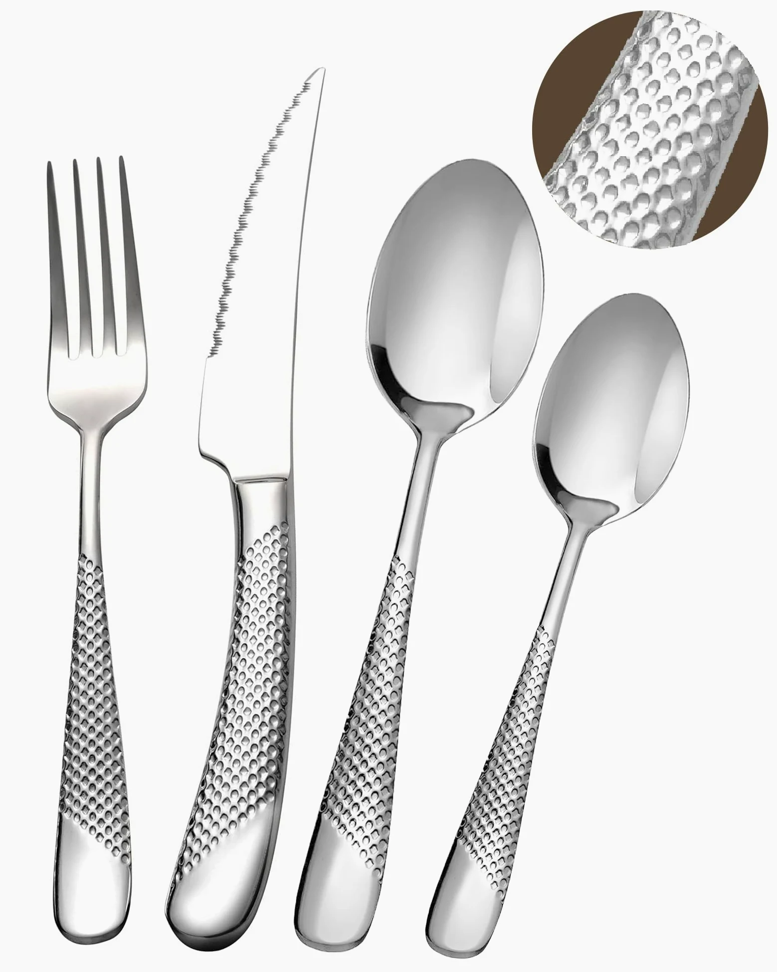 Ensemble de couverts modernes 24 pièces, Argent martelé Couteaux dentelés 2-en-1 ultra-tranchants, Service en acier inoxydable 18/10 Set pour 6 personnes, Couteaux, fourchettes, Cuillères