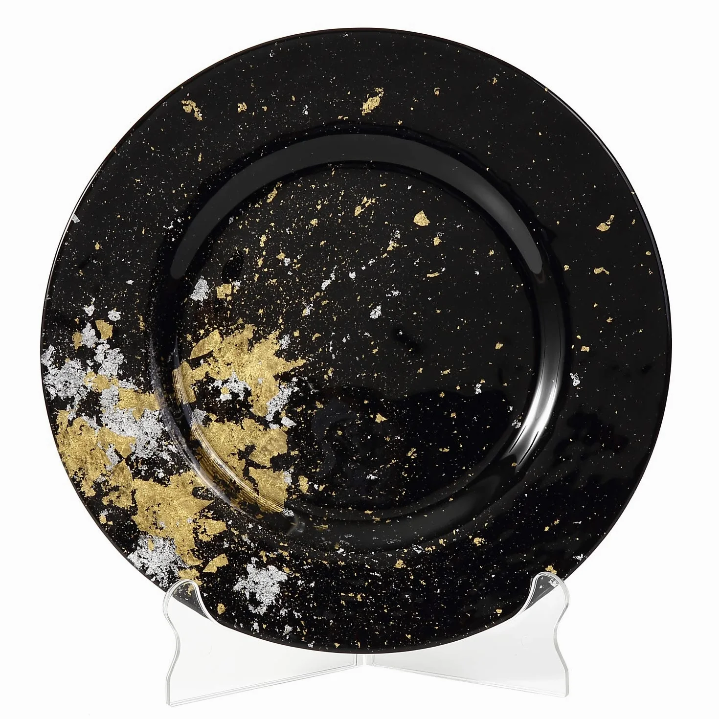 Assiette à dîner japonaise en verre Urushi Ø 31 cm, noir de jais avec feuille dorée, passe au lave-vaisselle