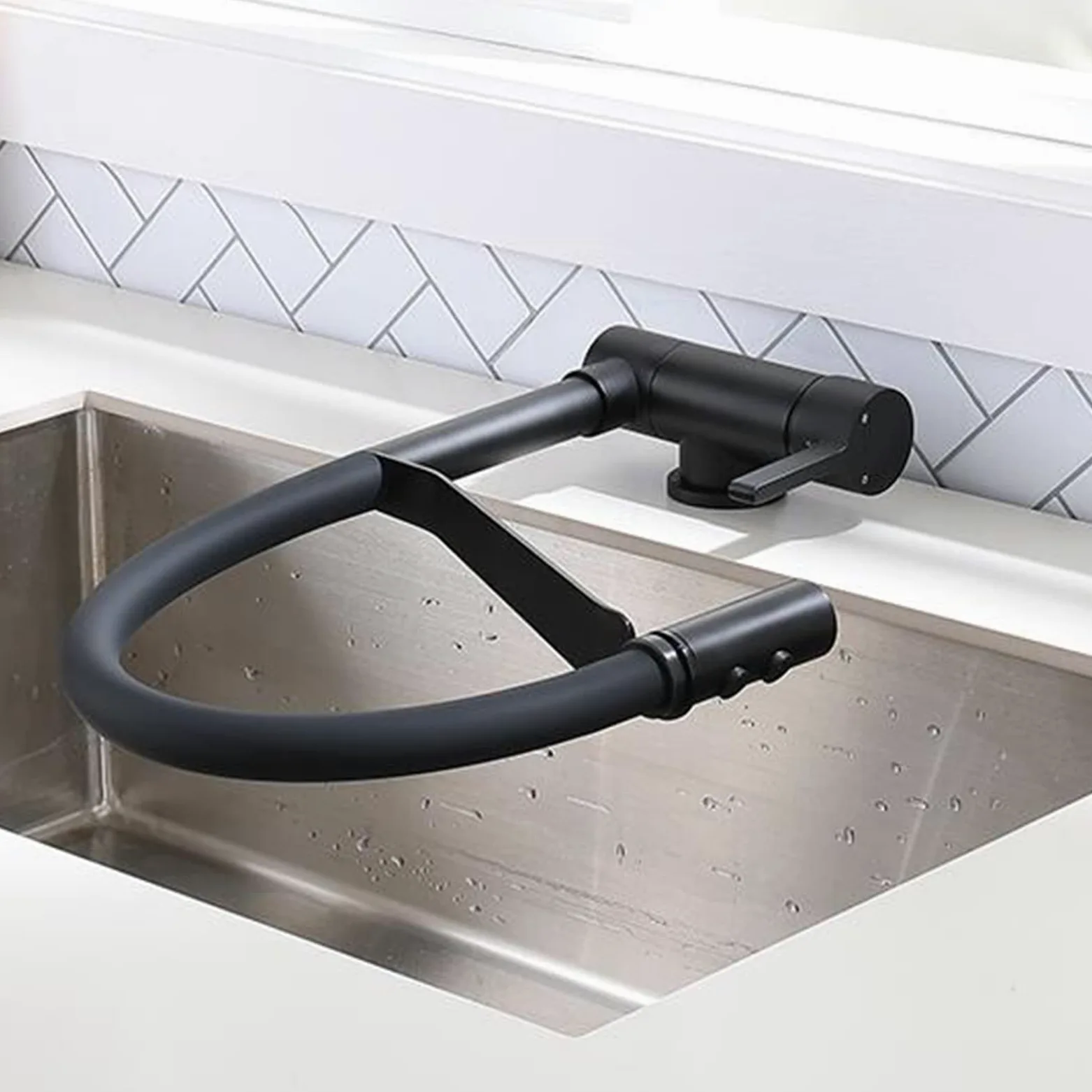 Mitigeur Cuisine Rabattable sous Fenetre, Robinetterie de Cuisine Pliable Pivotant Laiton Multifonction Robinet de Cuisine sous Fenetre-Noir