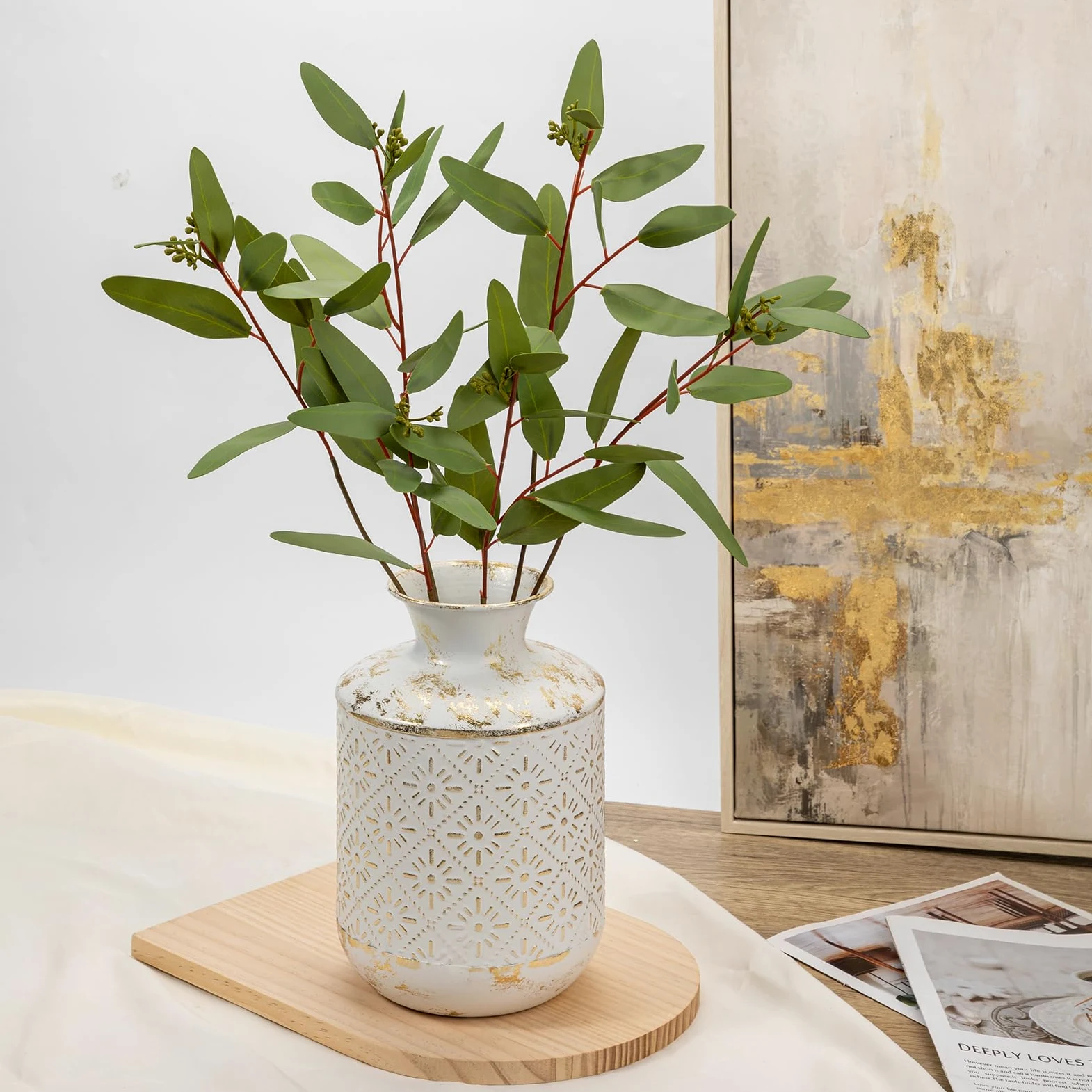 Vase à fleurs, 26 cm de haut, rustique, blanche et dorée, style shabby chic, en métal, vase décoratif pour bouquets, fleurs séchées, table à manger, décoration de bureau
