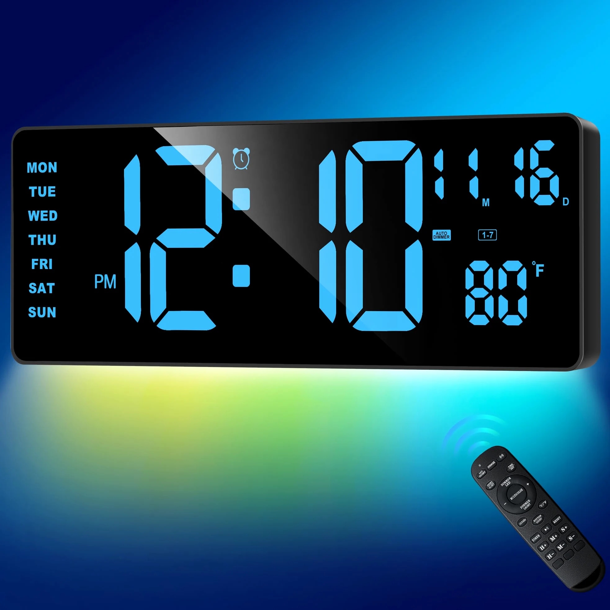 XREXS Horloge murale numérique avec grand écran, horloge murale LED de 41,5 cm (16,5") avec 6 veilleuses à changement de couleur, compte à rebours DST automatique avec contrôle