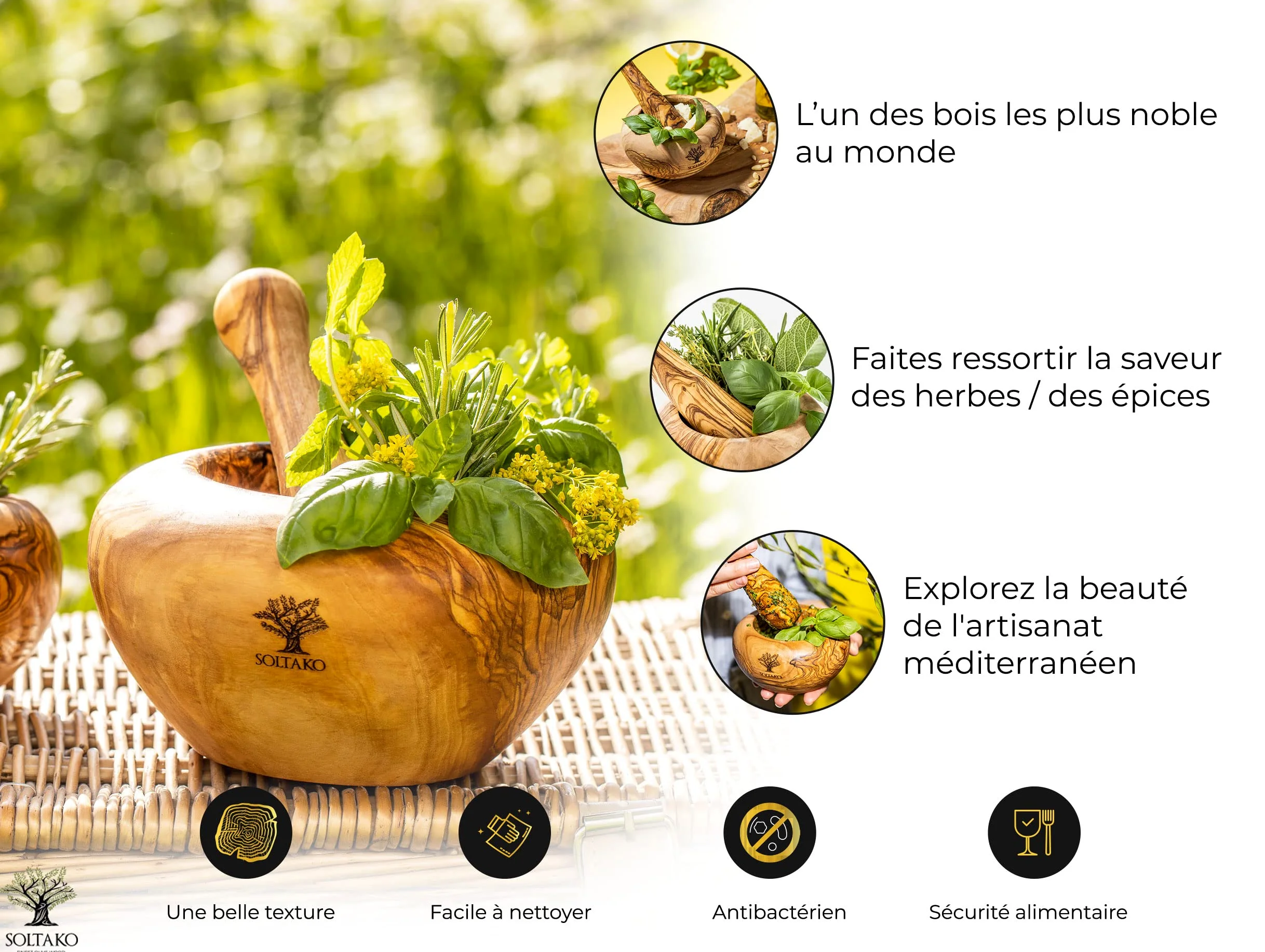 SOLTAKO Mortier et Pilon - Ensemble de Mortier et Pilon en Bois d'Olivier - Broyeur pour Poivre, Épices - Mortier Africain - Bois d'Olivier Tunisien - Cuisine Artisanale Ø env.16cm