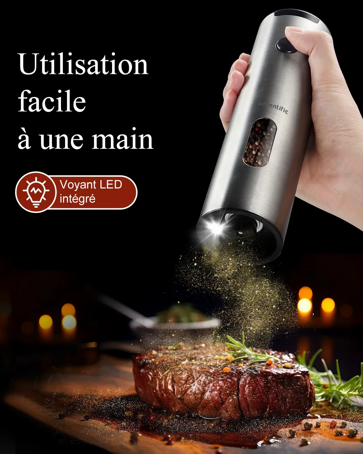 Ensemble de Moulins à Sel et Poivre Électriques Tomentific avec Socle de Rangement, Moulins en Acier Inoxydable avec Réservoir Lavable, Lumière LED Blanche, Réglage Externe de la Mouture