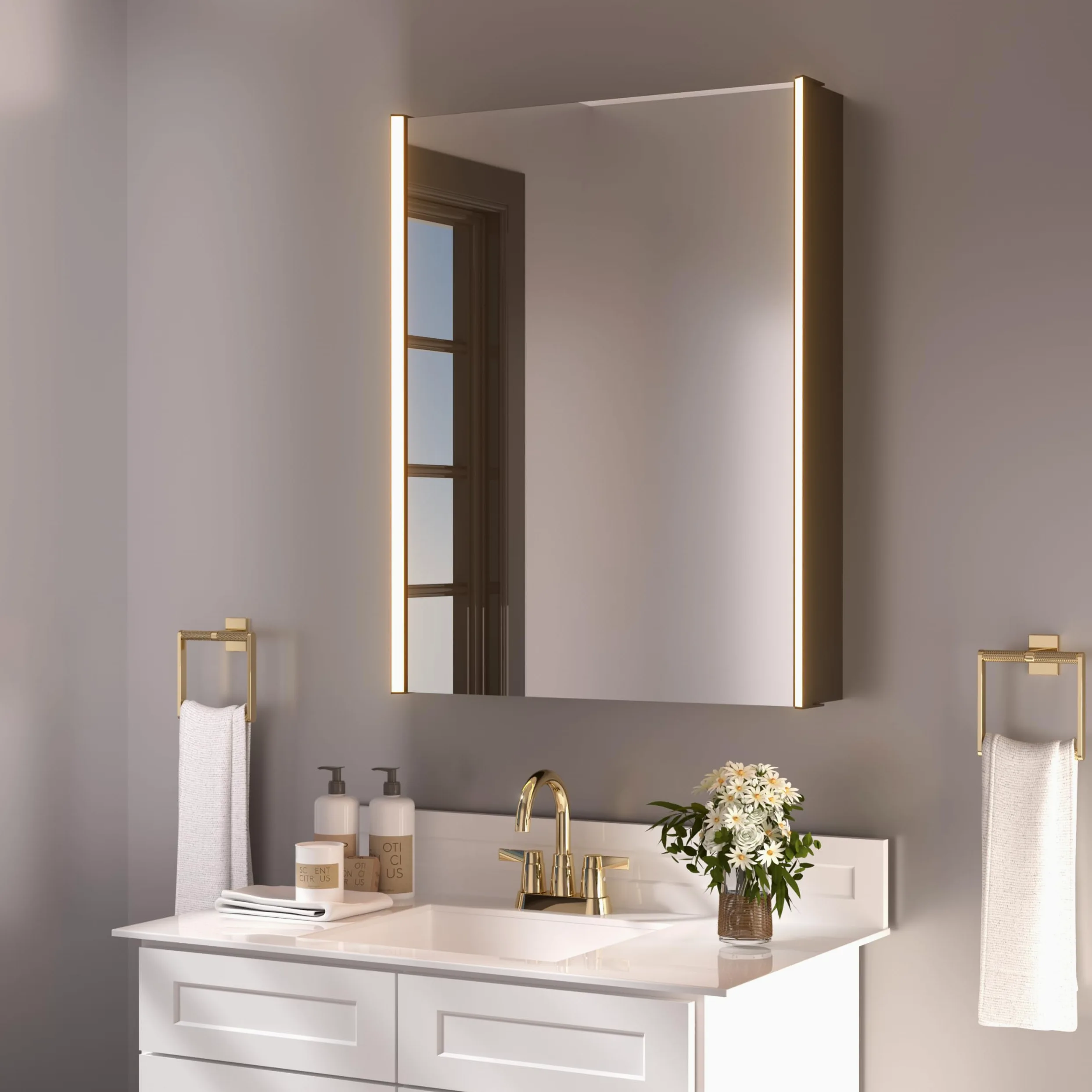 Armoire à pharmacie lumineuse à DEL de 76,2 cm x 58,2 cm avec miroir, bois résistant à l'humidité, intensité variable en continu, 3000 K/5500 K, étagère réglable, design à plat