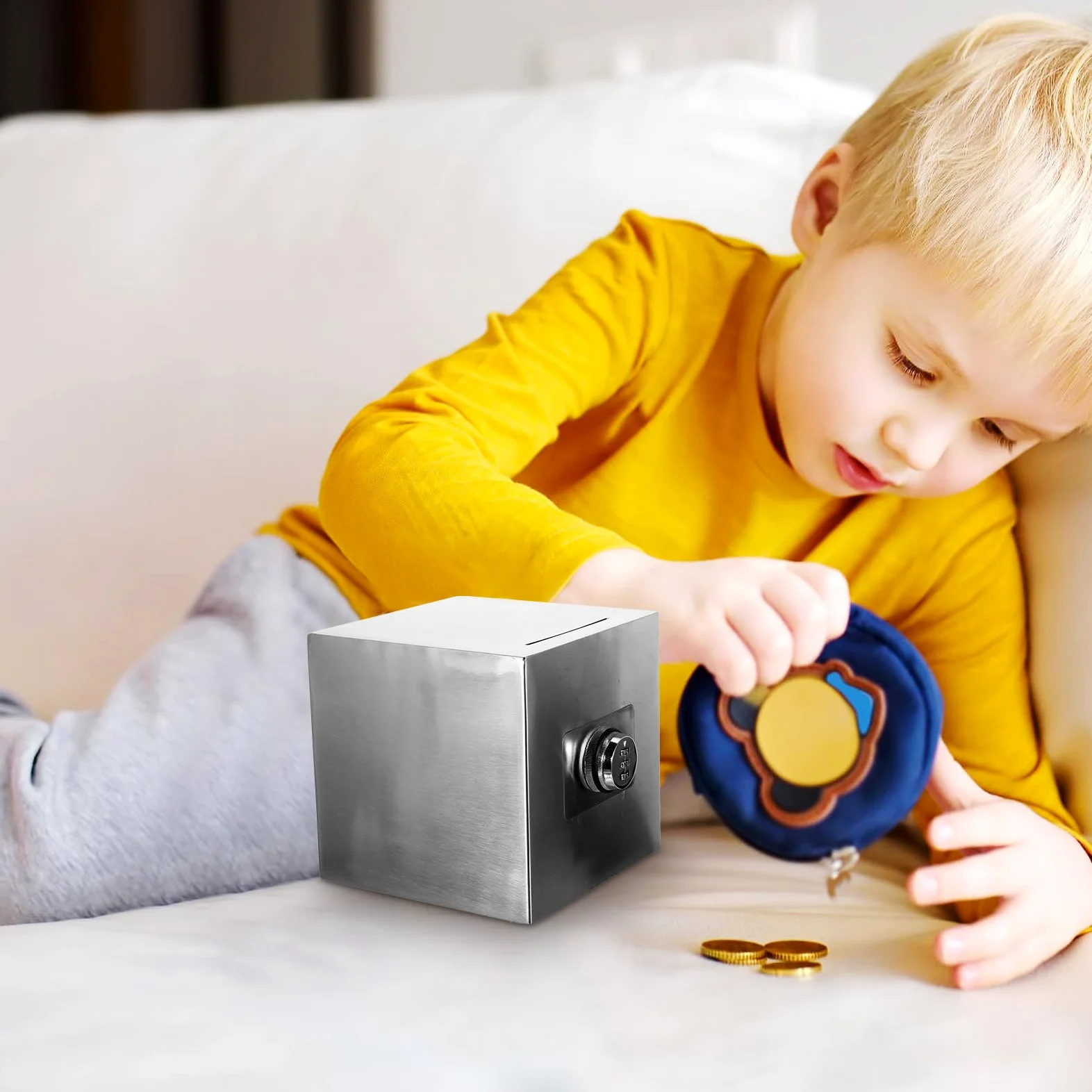 Artibetter Tirelire en Acier Inoxydable avec Cadenas, Boîte de Rangement Facile à Utiliser, Banque D'épargne pour Garçon et Filles et Adolescents, Coffre-Fort Sécurisé Argenté