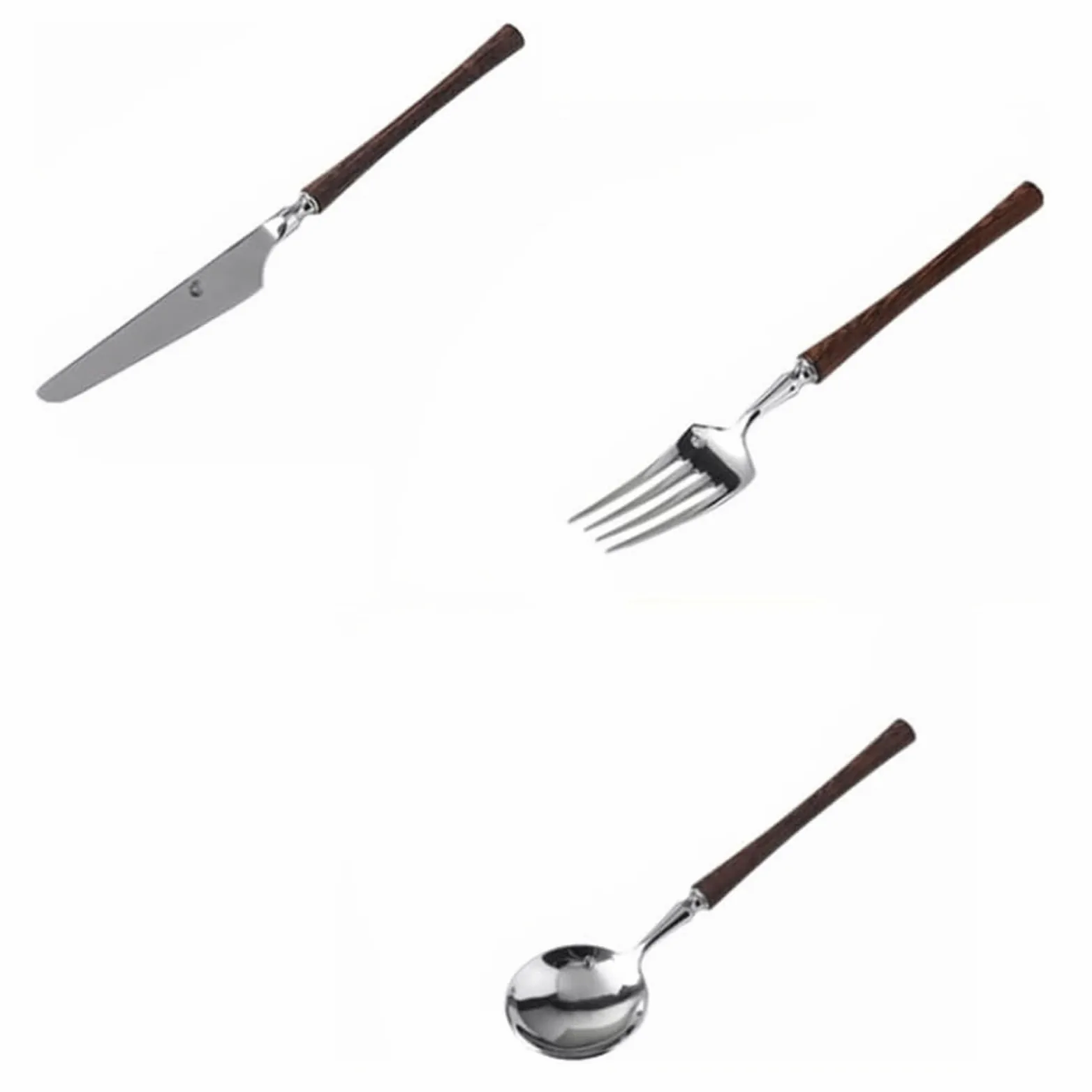 Rieort Ensemble d'argenterie Manche en Bois Couteau Fourchette cuillère 1/2/3 pièces Ensemble de Couverts fourchettes à dîner en Acier Inoxydable Service de Table rétro réutilisable