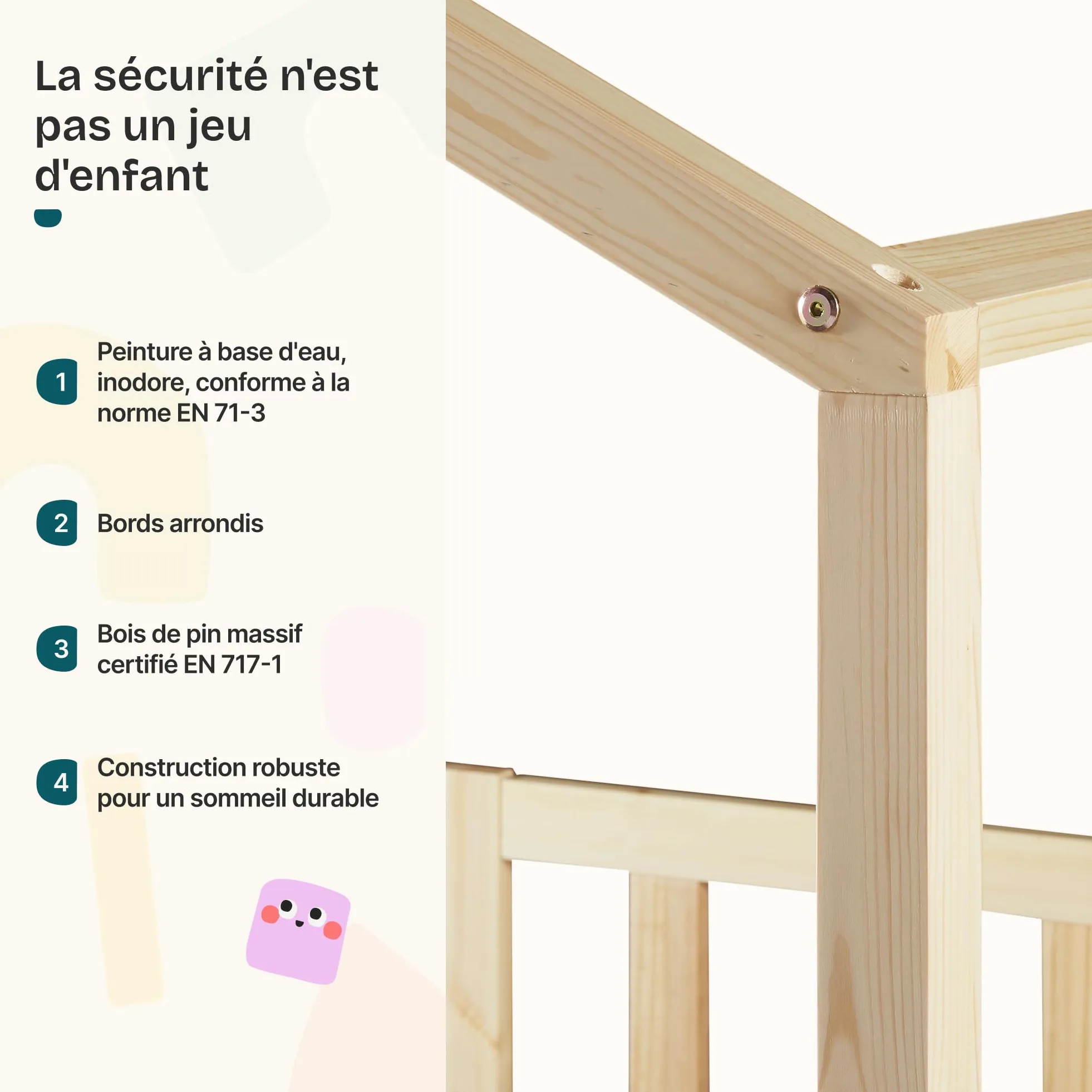 [en.casa] Lit d'enfant Cabane Treviolo 70 x 140 cm Lit Montessori en Forme de Maison avec Barrière et Sommier à Lattes Solide Style Scandinave Capacité de Charge 70 kg Bois de Pin Naturel