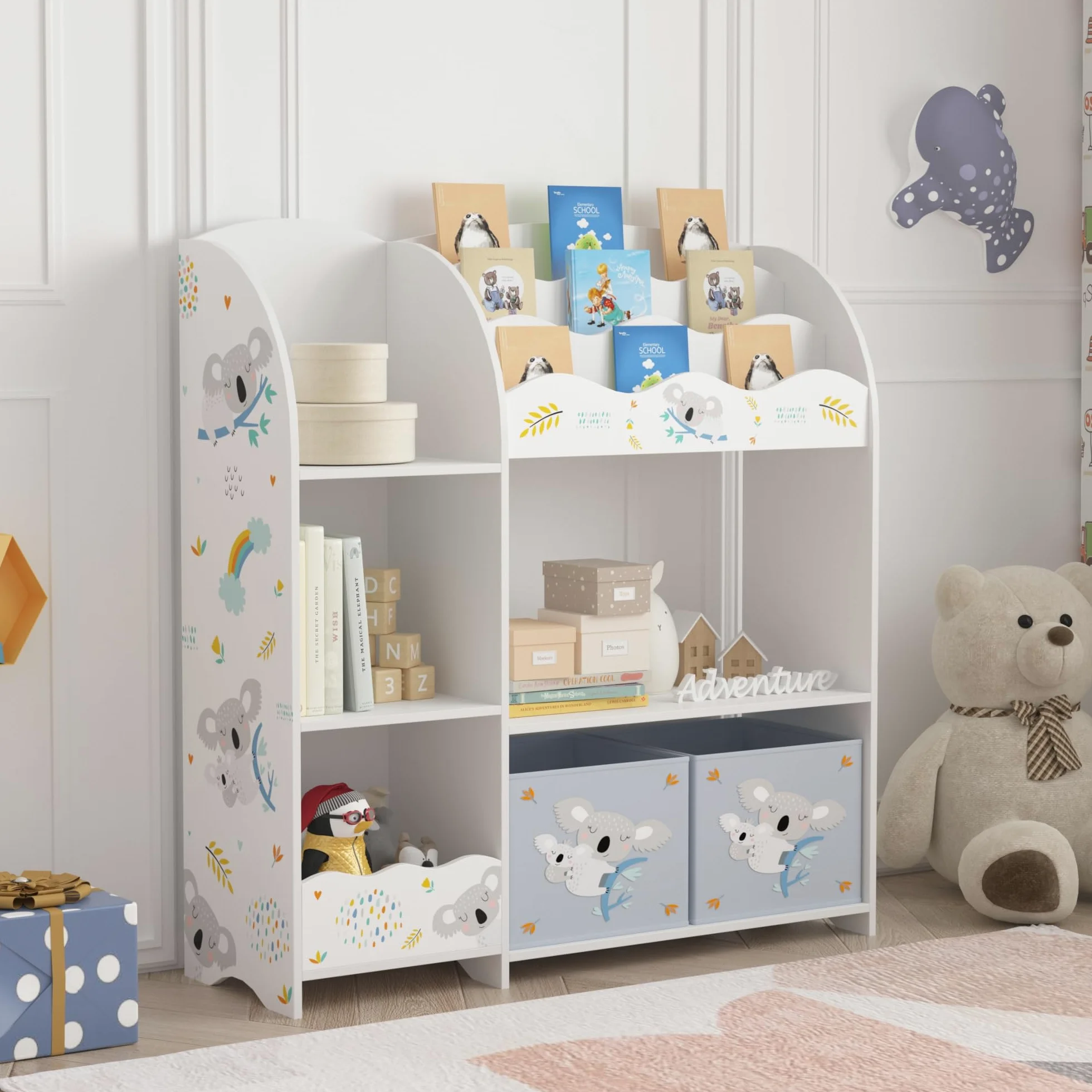 [en.casa] Étagère Enfant avec Compartiments de Rangement Ouverts et 2 Boîtes Meuble de Stockage avec Motif Koala Panneau de Particules Polyester 100 x 93 x 30 cm Blanc Gris