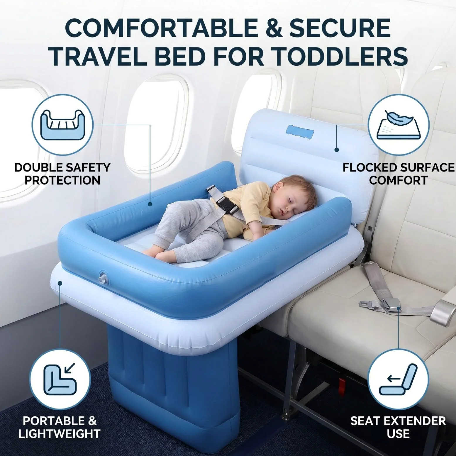 Lit Gonflable de Voyage avec Coussin épais, Bleu | Extension de siège arrière de voiture d'avion, matelas de couchage de voyage pour enfants en bas âge, sac de transport