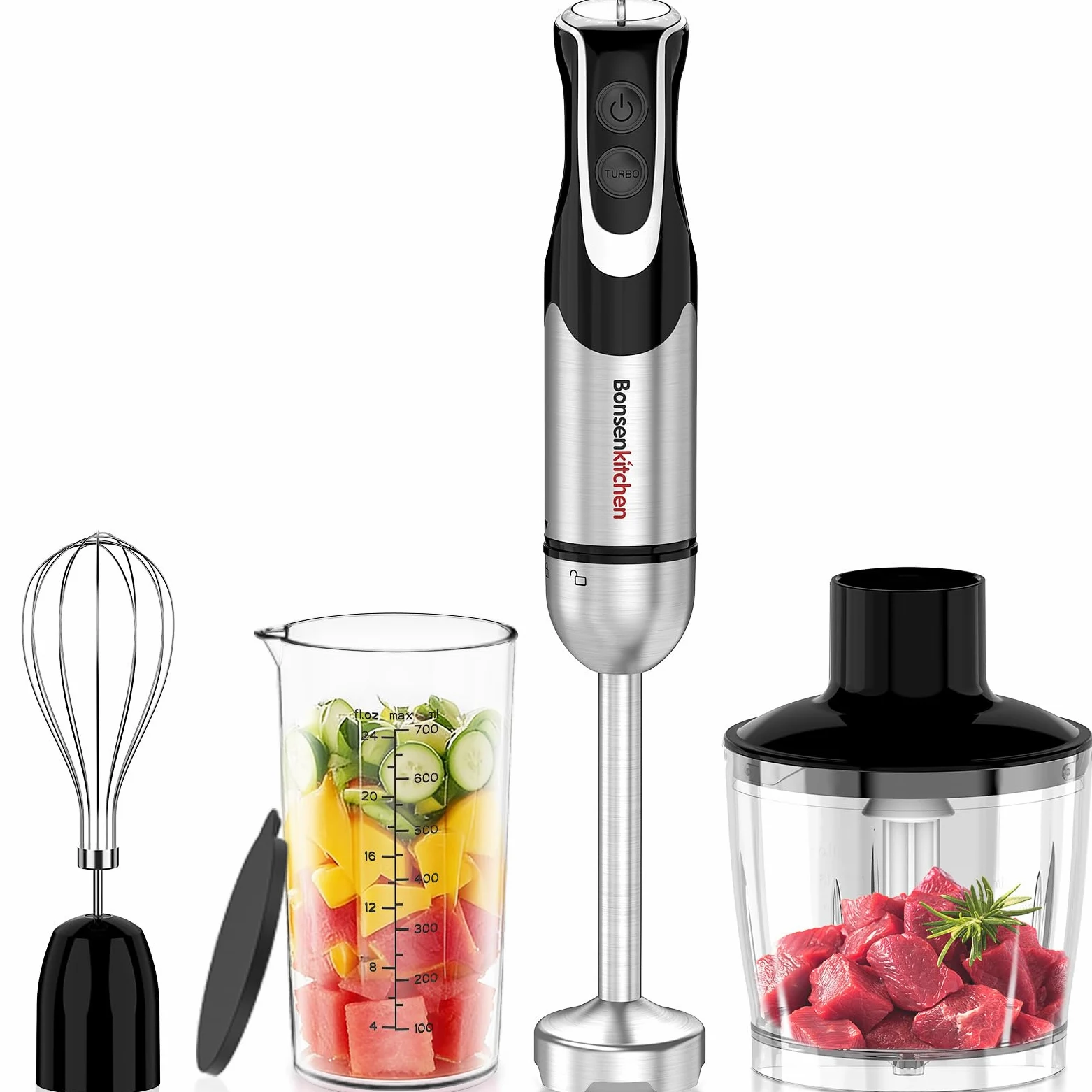 Bonsenkitchen Mixeur Plongeant 4-en-1, 1000W Inox avec 12 Vitesses et Fonction Turbo, Fouet, Verre Doseur 700ml, Hachoir – Idéal pour Aliments Bébé, Soupes & Smoothies