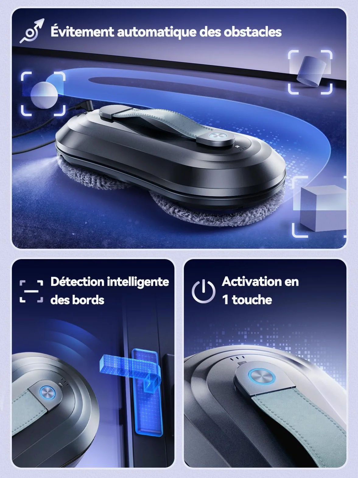 Robot Laveur de Vitre, Fonction Vaporisation, Aspiration Turbo 7000Pa, Silencieux, 3 Modes, Navigation Intelligente, Détection Bords, 10 Lingettes