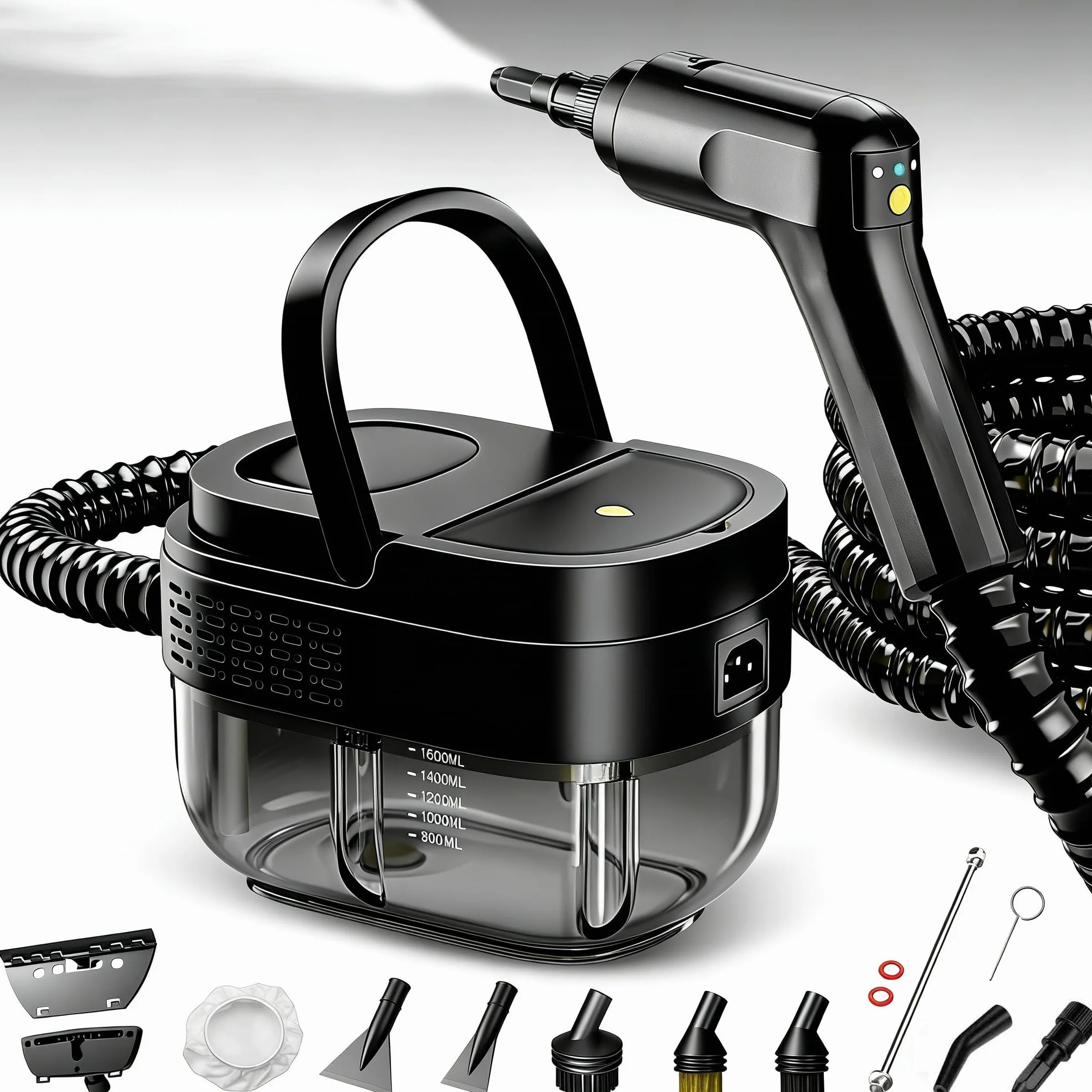 Nettoyeur Vapeur 2500W, Réservoir D’eau 1600ML, Poignée Réglable en 3 Positions, Haute Température 105℃ et Pression 3 Bar, Chauffe Rapide en 15s, 10 Accessoires, pour Voiture, Cuisine (Noir)