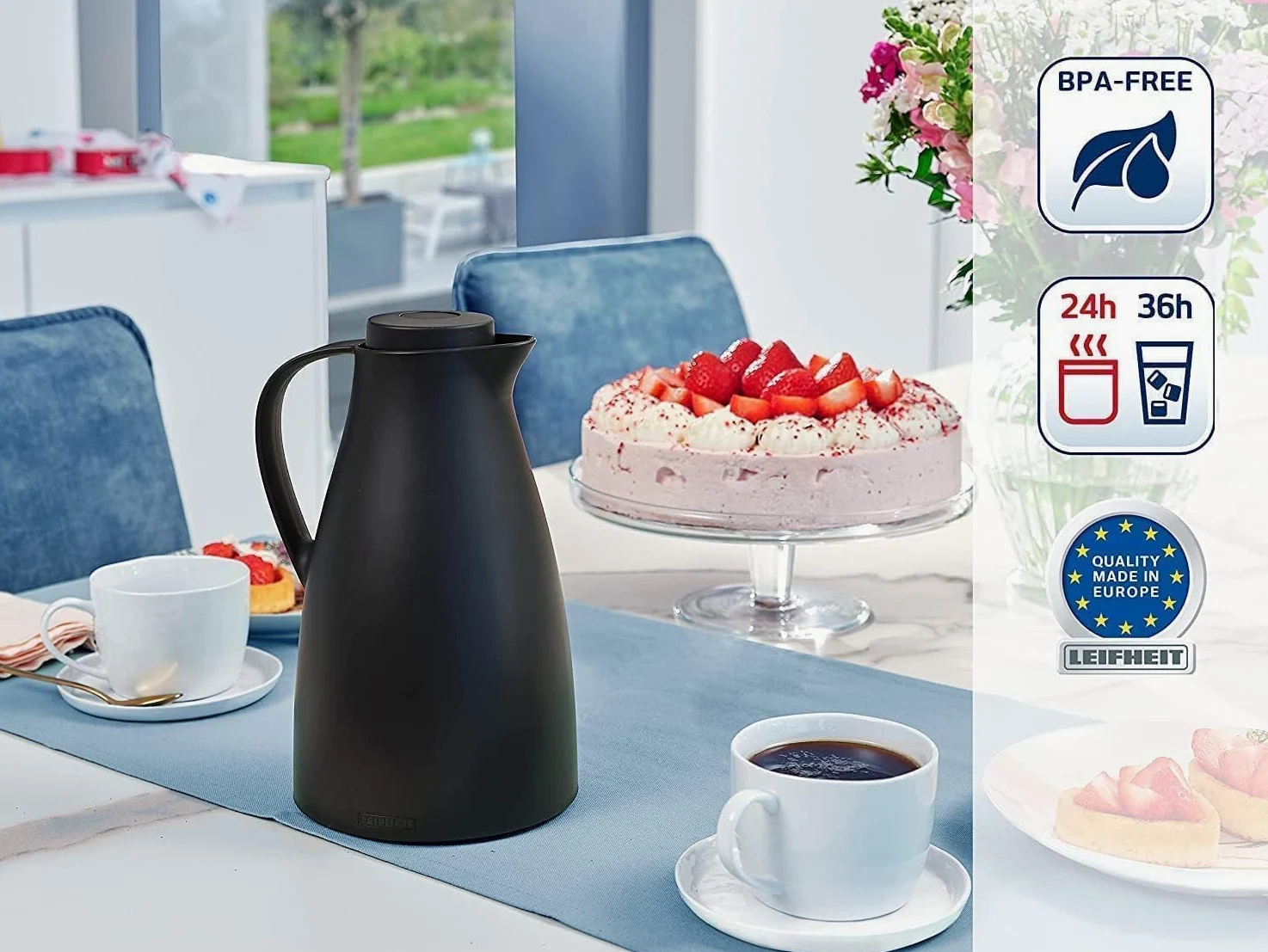 Leifheit Pichet isotherme 1L Harmonic, Pichet thermos café et thé 100% étanche, Thermos café chaud jusqu'à 24h, ouverture fermeture et versement d'une seule main, thermos design sans BPA, noir
