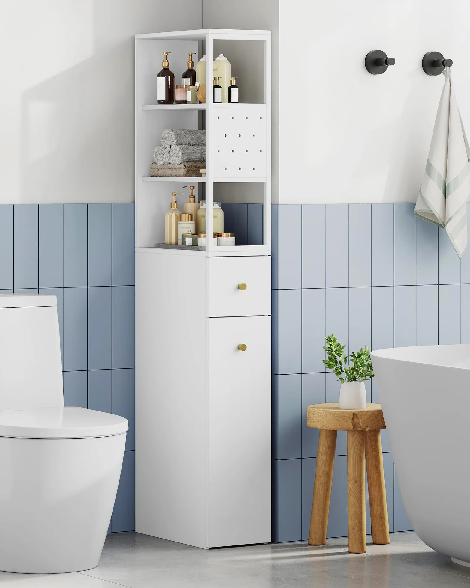 Hzuaneri Meuble de Salle de Bain Haut, Armoire de Rangement Fin, avec 2 Compartiments Ouverts, 2 Tiroirs et roulettes, Meuble de Cuisine, pour Petits Espaces, 40 x 20 x 140 cm Blanc BC32003W