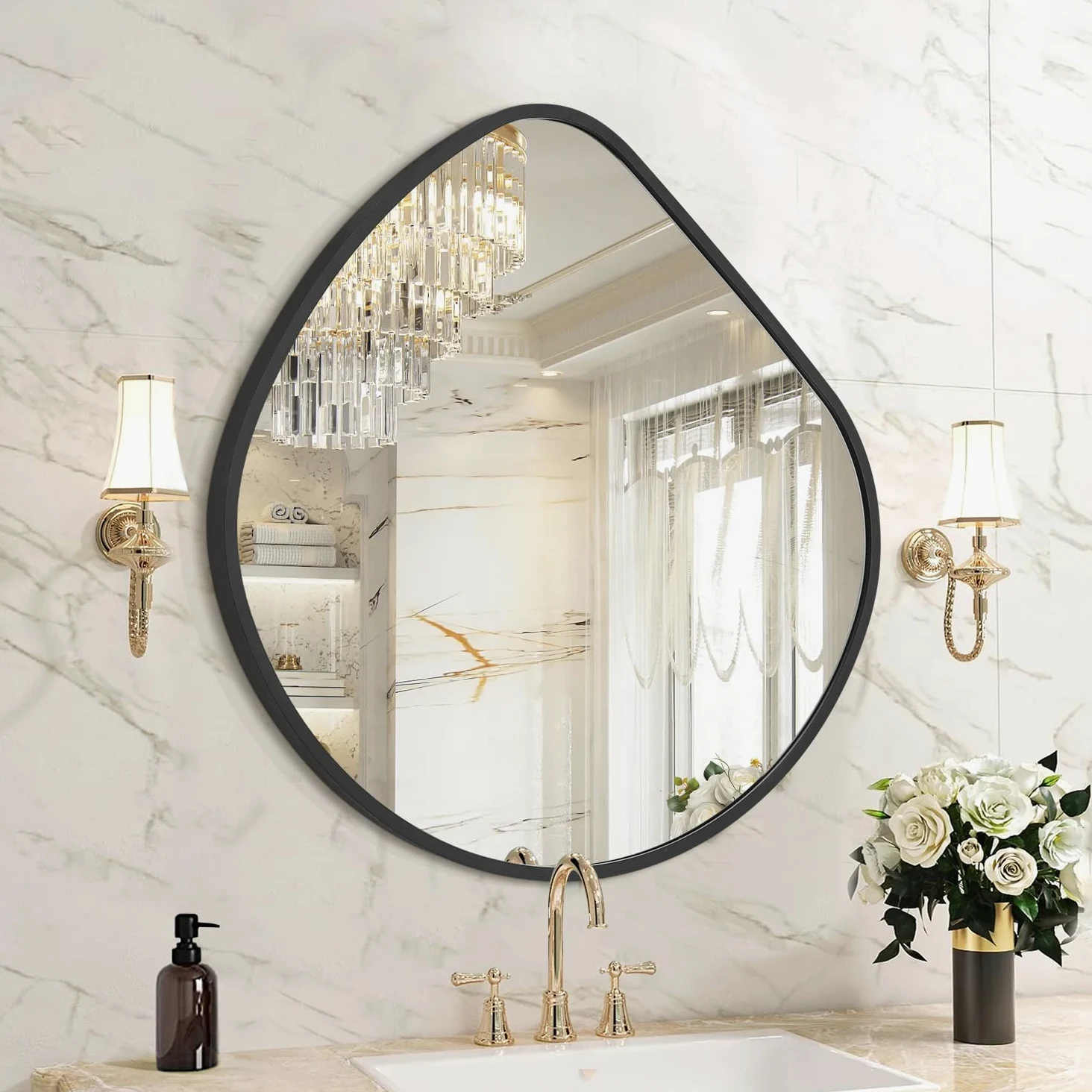 Miroir mural irrégulier, miroirs muraux décoratifs 48 x 50 cm, miroir asymétrique noir avec cadre en alliage d'aluminium aéronautique pour salle de bain, salon, chambre à coucher, entrée