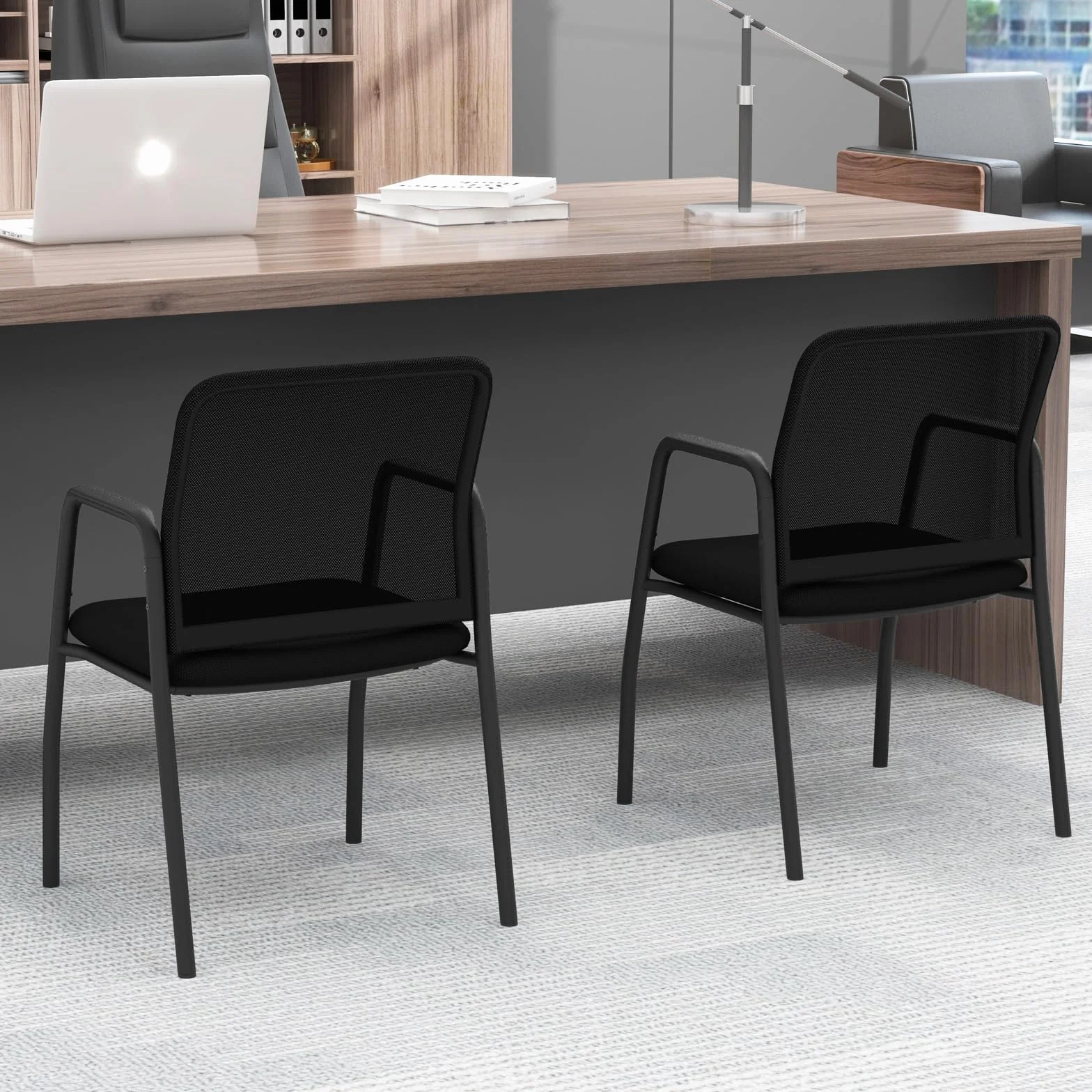 GIANTEX Lot de 2 Chaises de Conférence Empliable, Chaises de Salle de Réunion avec Dossier en Maille, Assise Rembourrée, Sièges de Visiteur Rembourrée pour Bureau, Salle d'Attente, Noir