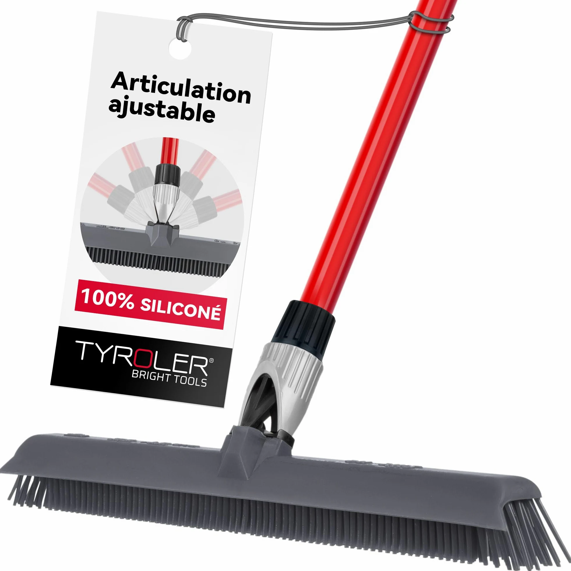 Tyroler Balai Silicone & Raclette Sol | Tête De 40 cm Balai Bross Poils Animaux | Manche Anti-Rouille en 4 Parties de 140 cm pour Balais en Silicone Professionnel | Balais Nettoyer Sol
