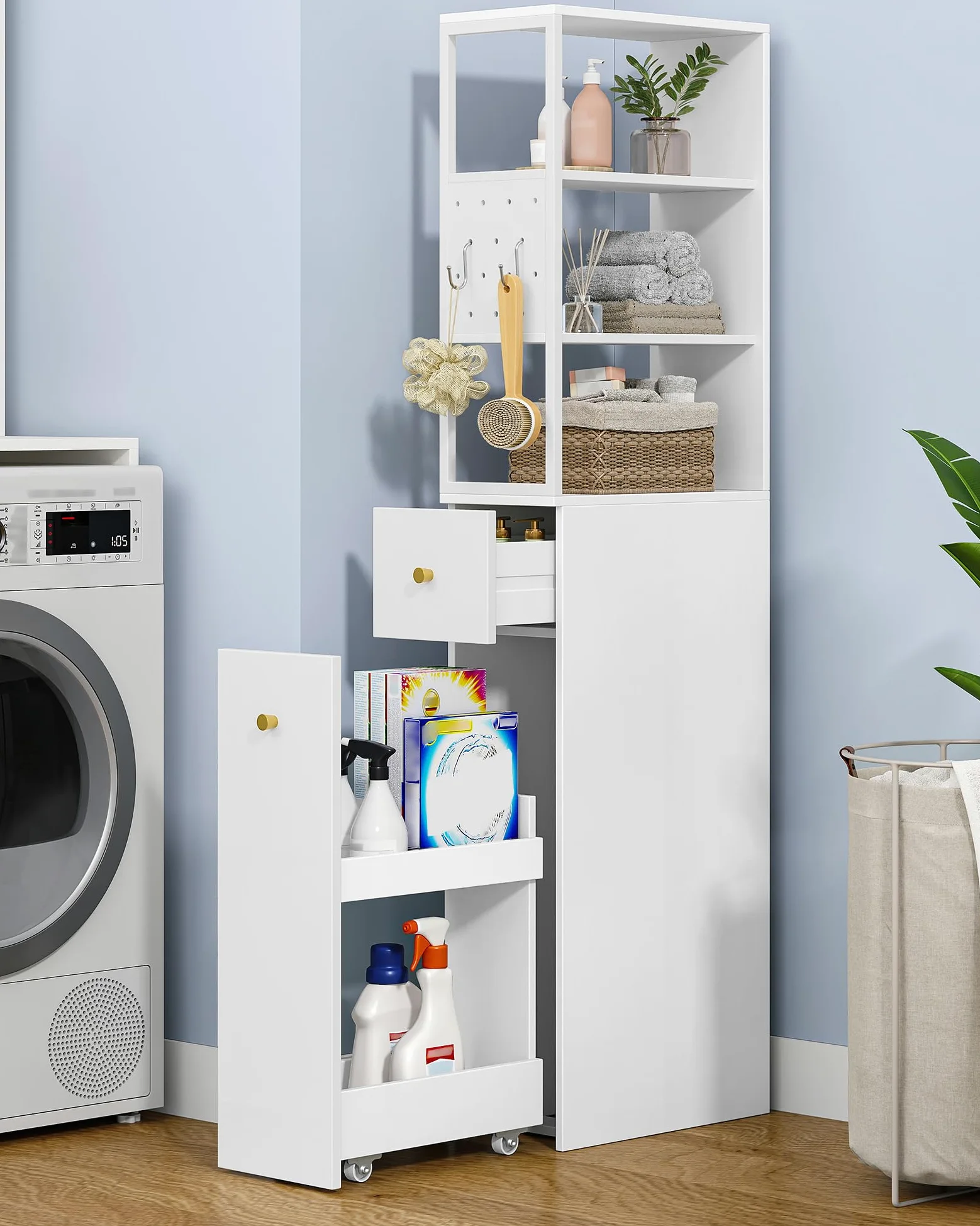 Hzuaneri Meuble de Salle de Bain Haut, Armoire de Rangement Fin, avec 2 Compartiments Ouverts, 2 Tiroirs et roulettes, Meuble de Cuisine, pour Petits Espaces, 40 x 20 x 140 cm Blanc BC32003W