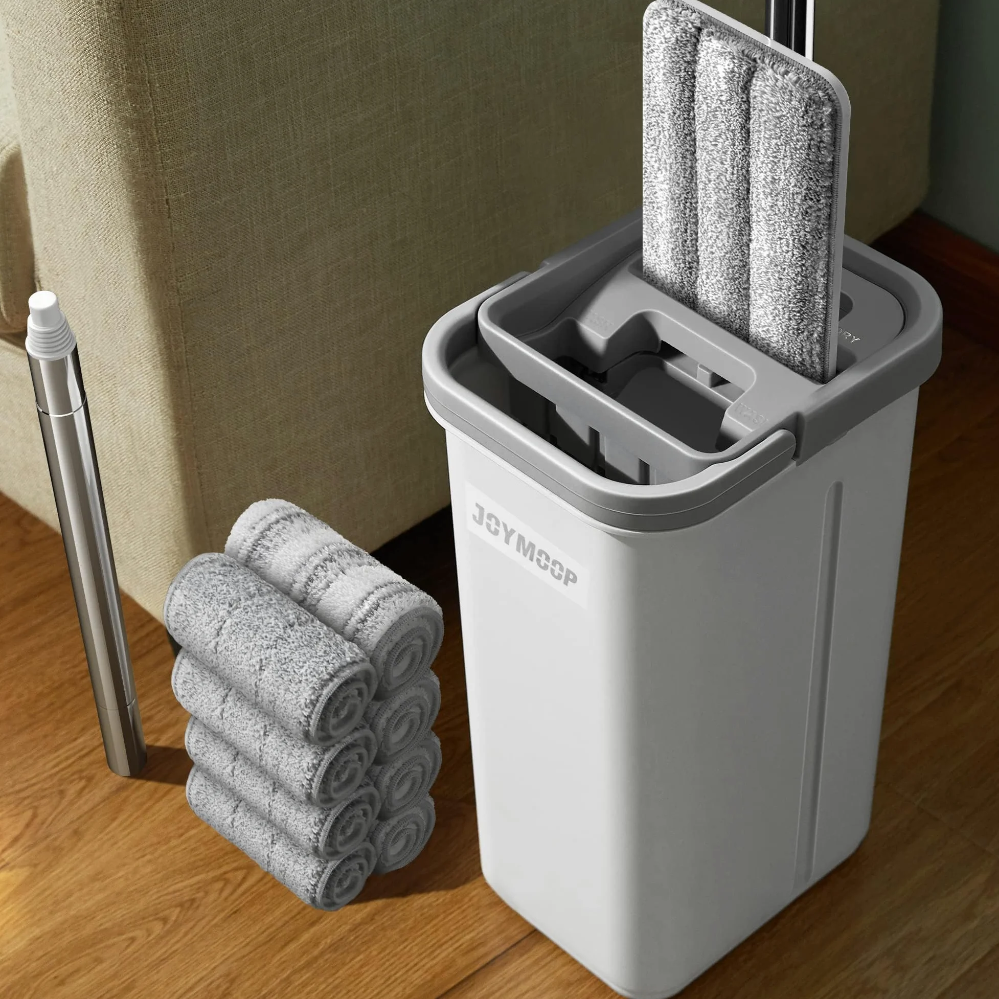 JOYMOOP – Serpillère Plate avec lingette en Microfibre et Seau avec essoreur, avec Long Manche, Utilisation Humide ou sèche, Nettoyage du Sol
