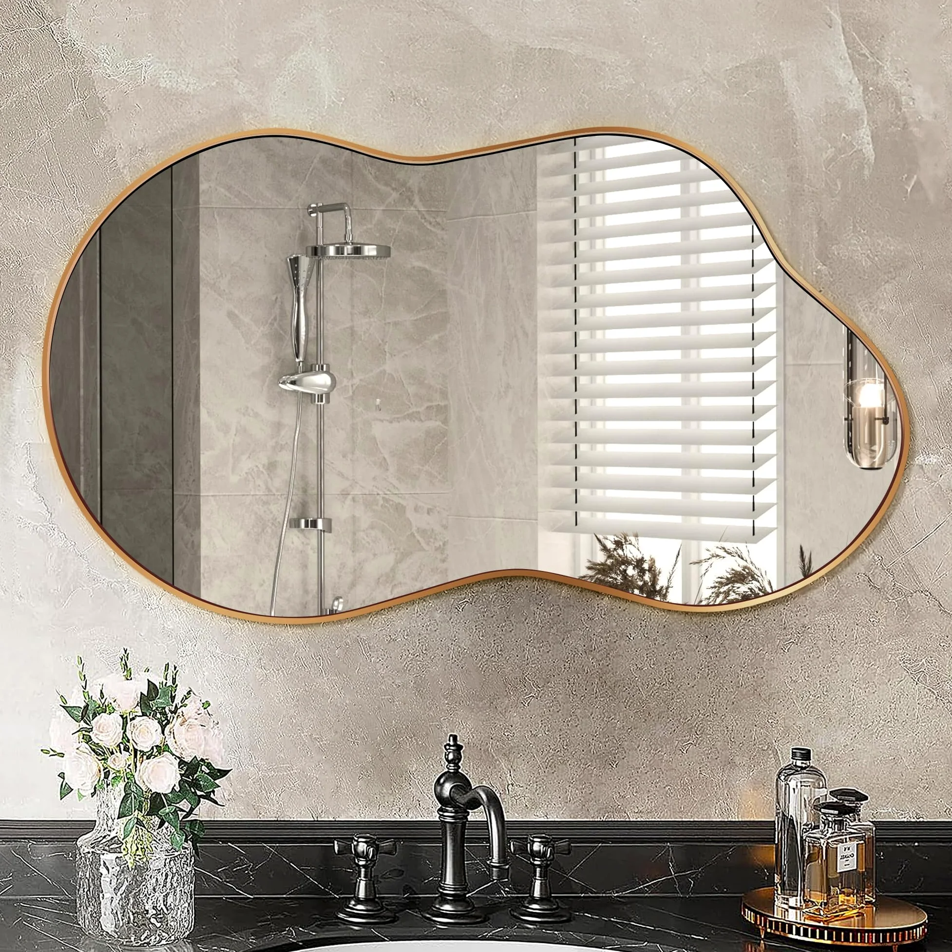 Miroir Mural Irrégulier, Miroir Décoratif Asymétrique avec Cadre en Alliage d’Aluminium Qualité Aviation pour Salle de Bain, Chambre, Salon, Entrée