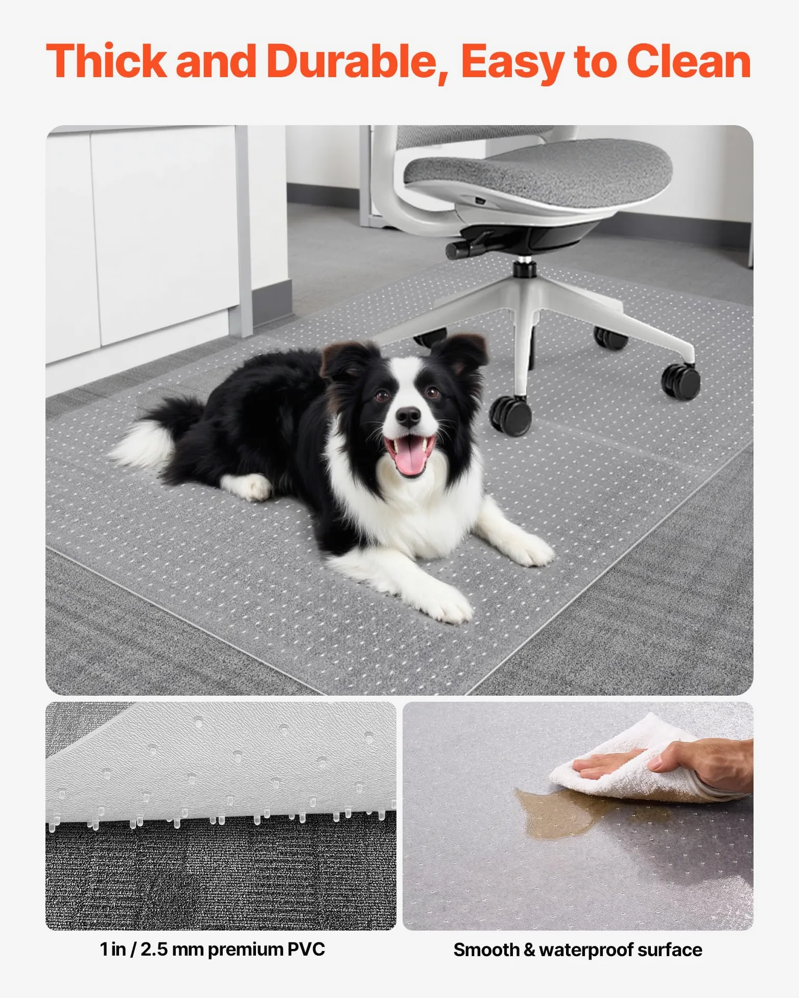 VEVOR Tapis de chaise de bureau 117,8 x 152,4 cm, tapis de protection de sol transparent avec crampons, antidérapant et facile à nettoyer, glisse lisse sous le bureau pour la maison et le bureau