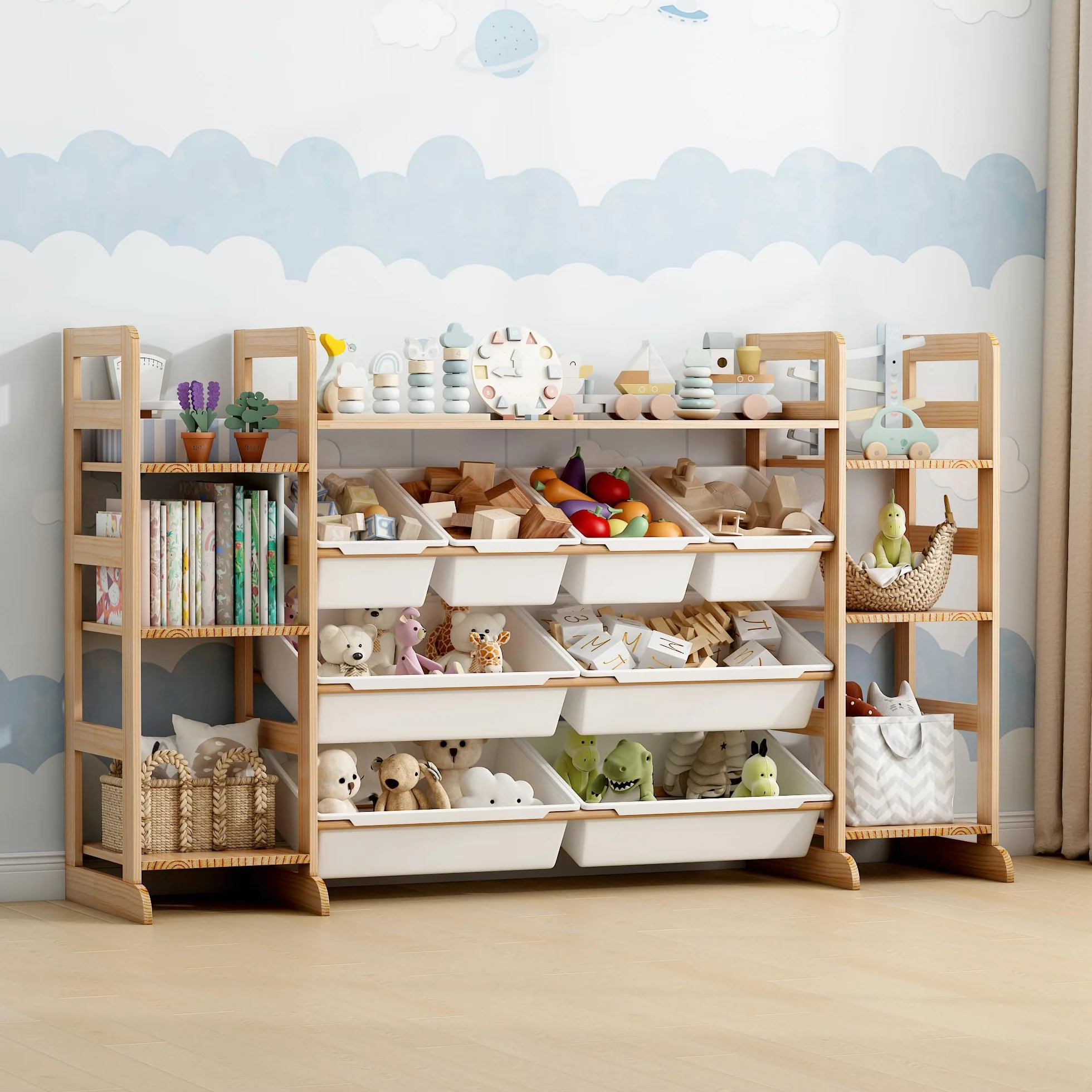 Meuble de Rangement Jouets Enfant Bibliothèque Enfant avec 8 Boîtes Amovibles, Bibliotheque Enfant Bois pour Aux Chambres à Coucher et aux Salles de Classe (133 x 80 x 34.5 cm)