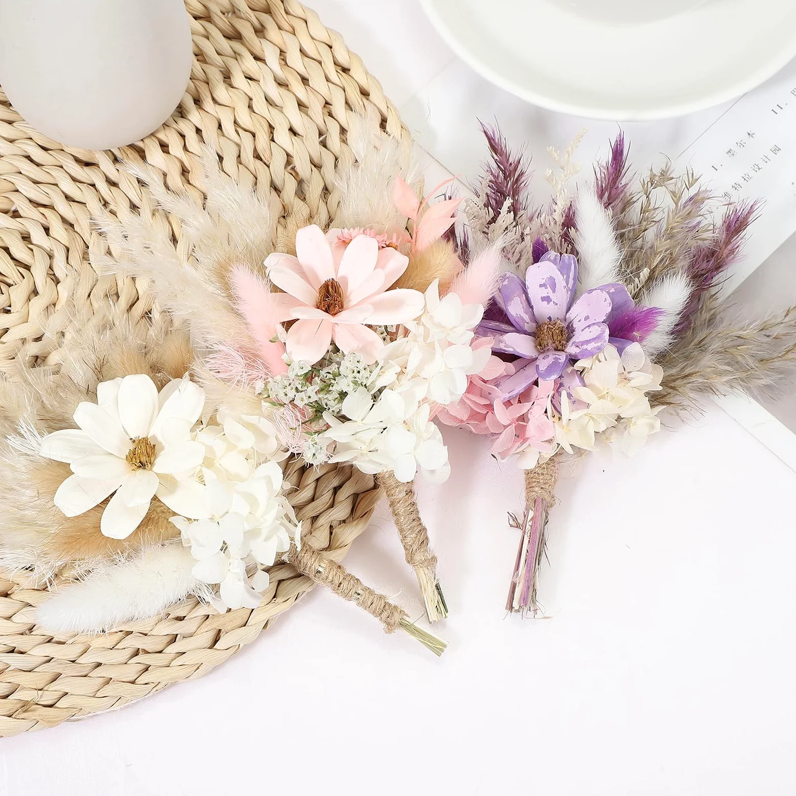 PATIKIL Mini Bouquet de Fleurs Séchées, 10pcs Herbe de Pampa Fleur Naturel avec Tige Décoration Gypsophile Boho Plante Florale pour Mariage Fête Artisanat DIY Loisirs Créatif, Violet/Blanc