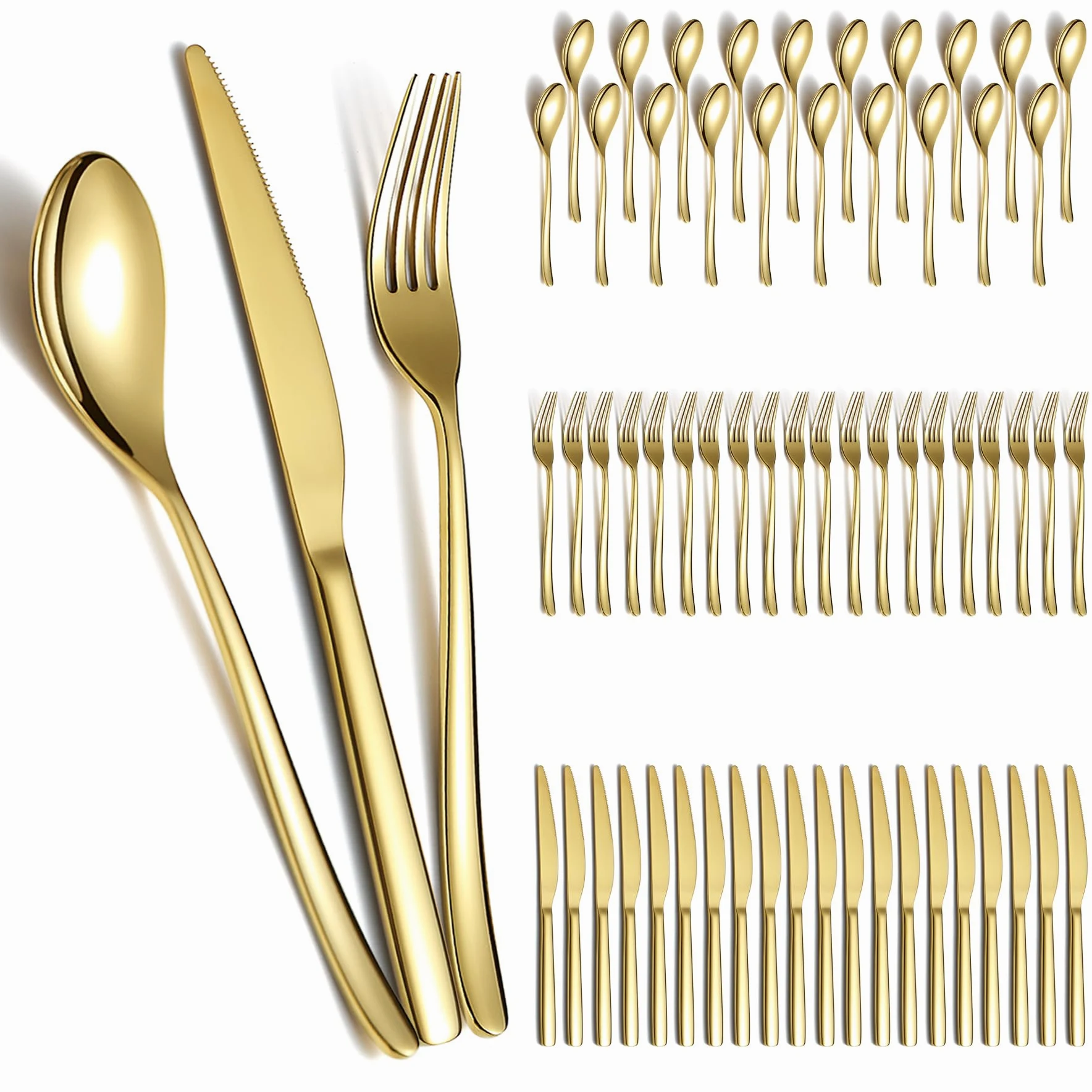 Berglander Ensemble de couverts de mariage en or 60pcs pour 20, couverts en acier inoxydable plaqué titane, couteaux de fourchettes de cuillères d’or pour la maison, mariage, restaurant