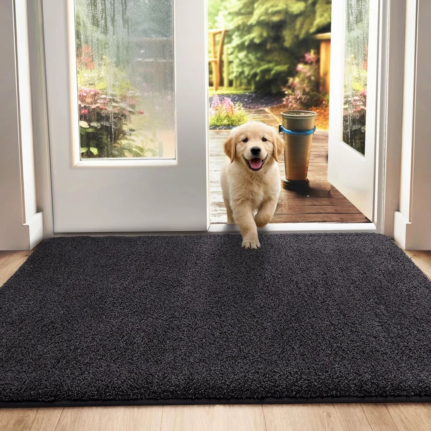 DEXI Paillasson Interieur Entree 60 x 90 cm, Tapis d'Entrée Antidérapant Lavable en Machine, Tapis de Sol avec Microfibres Douces Absorbantes pour Entrée, Couloir, Chien, Noir-Gris