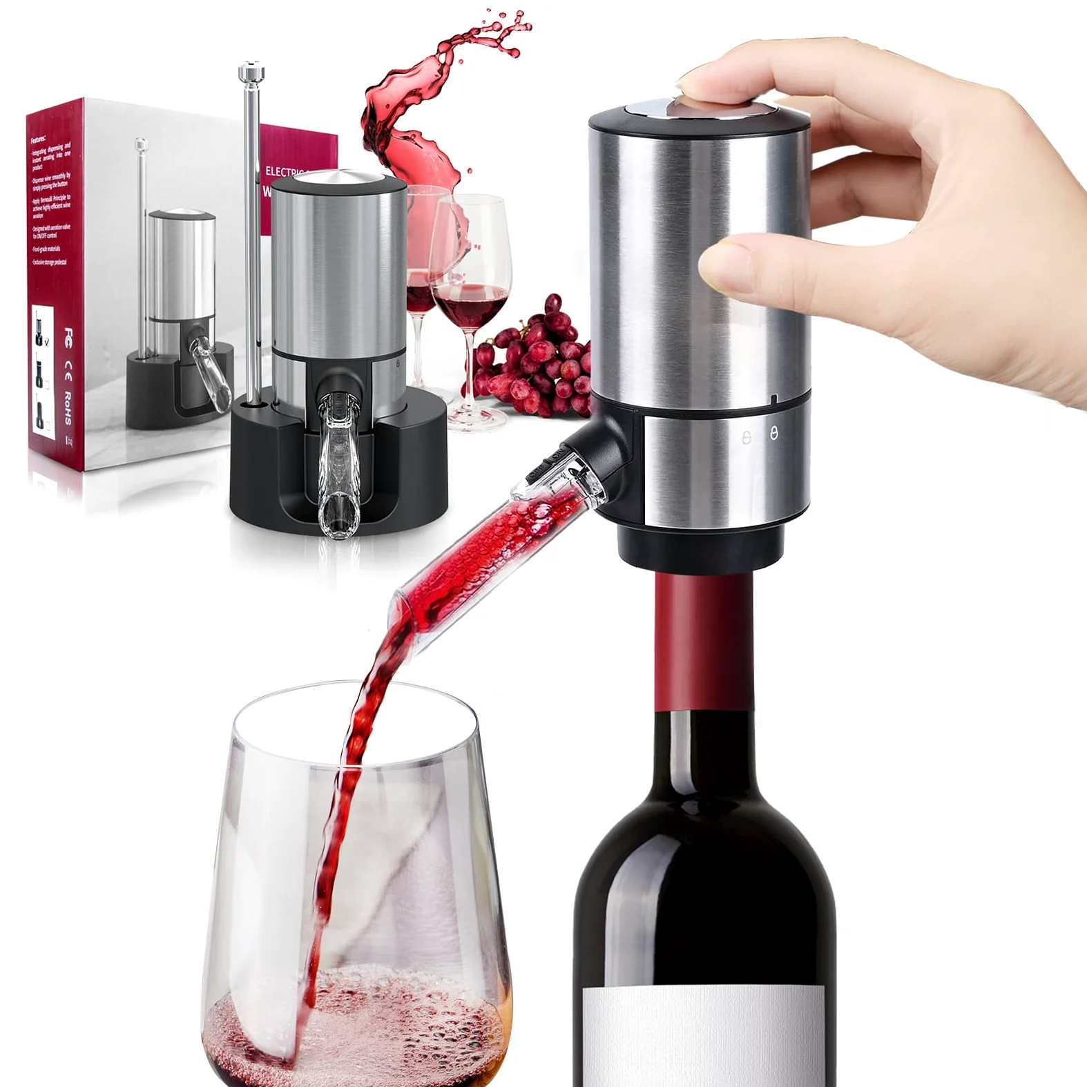 Aérateur de vin électrique - Distributeur de vin à une touche - Distributeur intelligent avec base de rangement et tube rétractable (acier inoxydable)