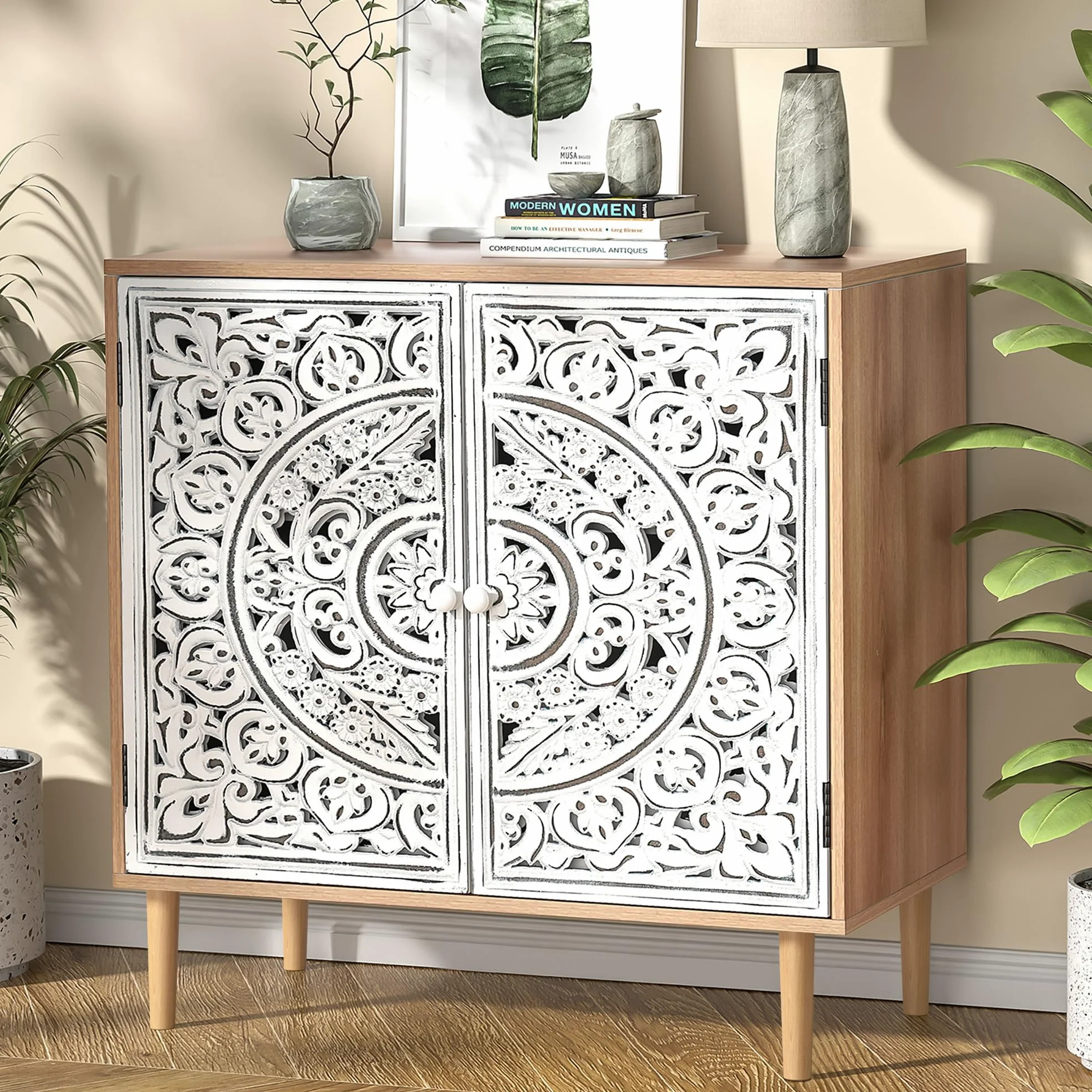 Buffet Bois Sculpté, Meuble de Rangement Cuisine Bas, Meuble Bas avec Pieds en Bois Massif, Étagères Réglables, Armoire de Rangement pour Salon, Cuisine, Chambre, Blanc