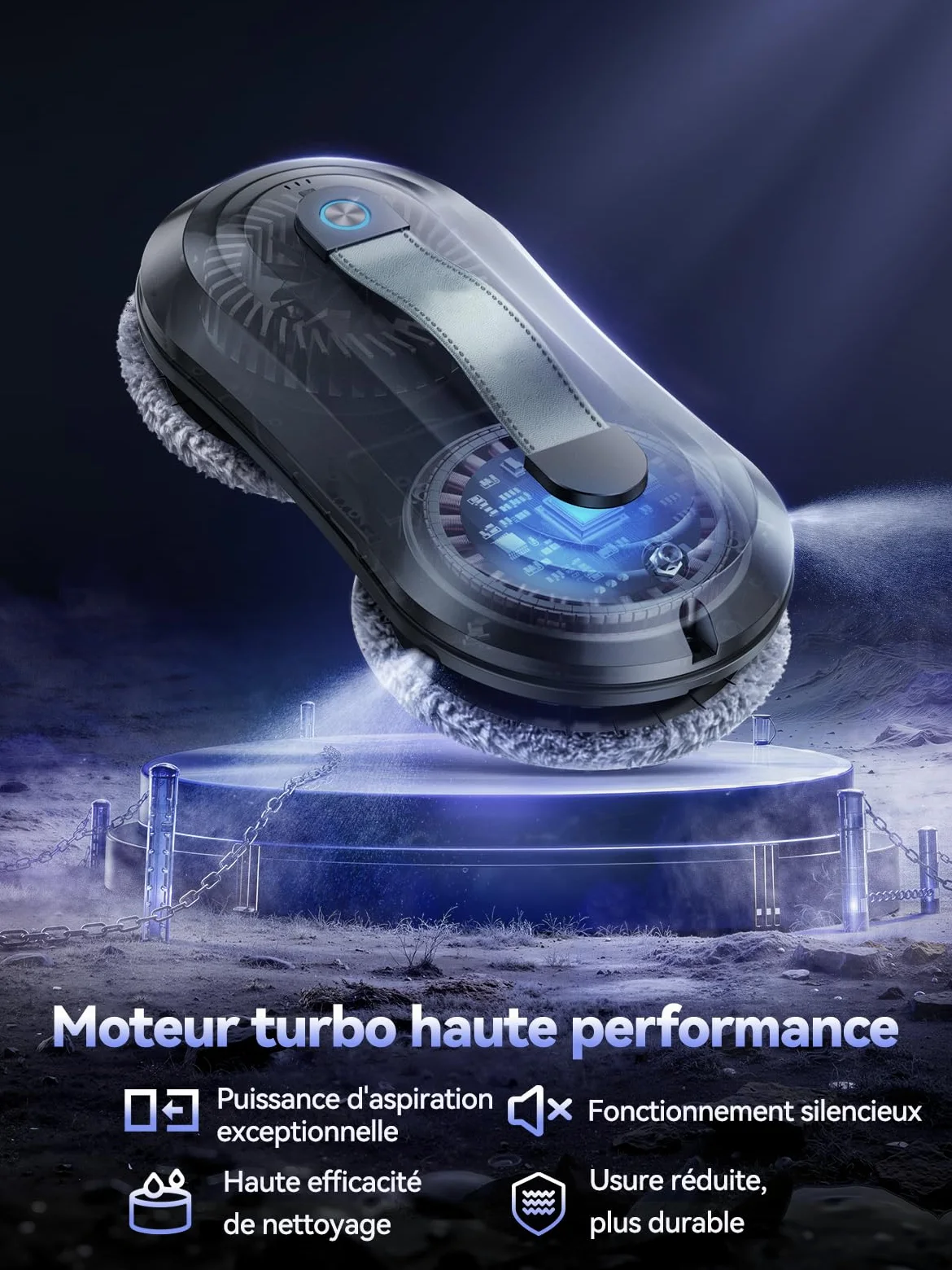 Robot Laveur de Vitre, Fonction Vaporisation, Aspiration Turbo 7000Pa, Silencieux, 3 Modes, Navigation Intelligente, Détection Bords, 10 Lingettes