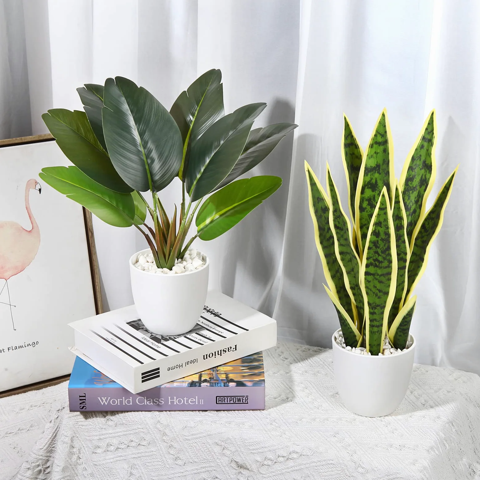 SOGUYI Plante Artificielle 40cm Sansevieria/Areca Palm/Bird of Paradise/Tropical Monstera Fausse Plante pour la Maison, Bureau et Décoration Interieur Exterieur(4 Stück)