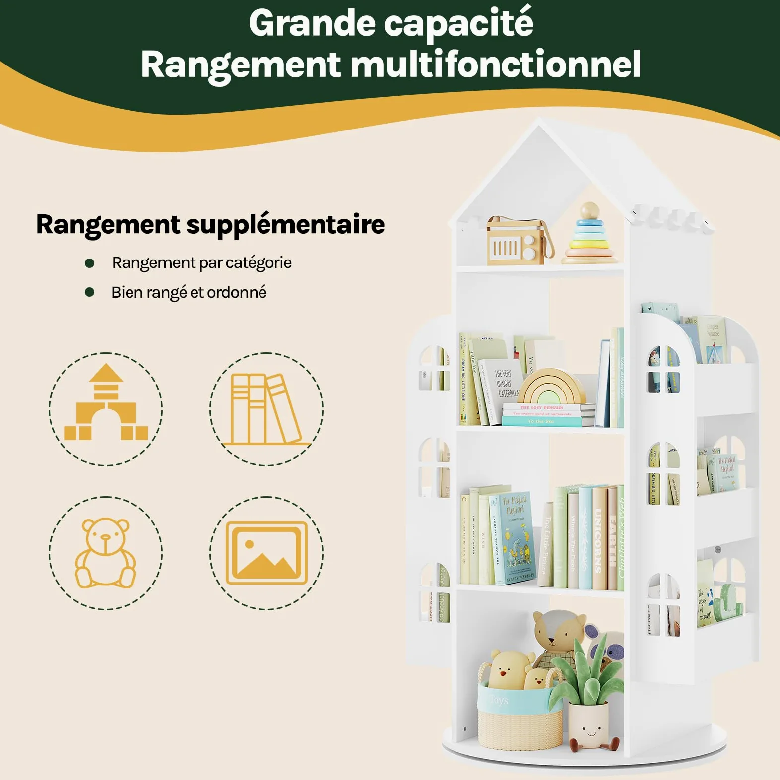WOLTU Bibliothèque pour Enfants, Étagère Rotative à 4 Niveaux, Meuble de Rangement pour Jouets avec 13 Compartiments, Bibliothèque Blanche en Forme de Maison, 63x59x125cm