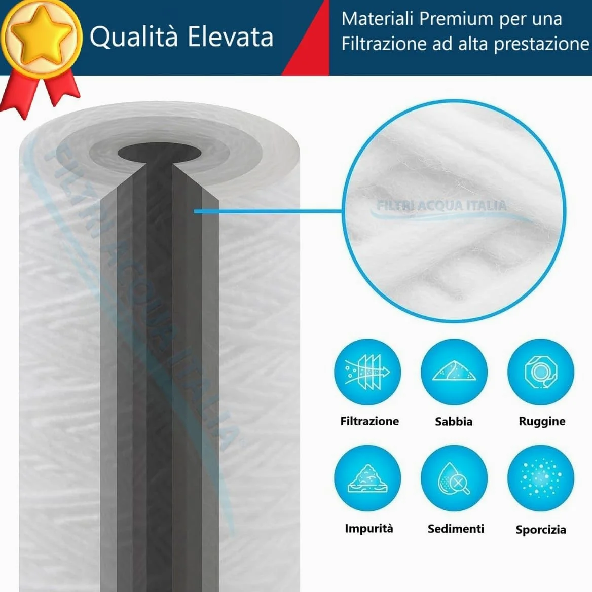 Filtri Acqua Italia Lot de 6 cartouches de filtre à fil enroulé 10 pouces micron, 1 polypropylène sédiments