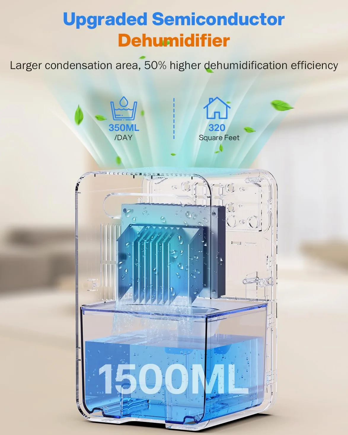 Déshumidificateur d’air électrique 1500mL – avec minuterie, dégivrage auto, arrêt auto, silencieux, 7 lumières LED – pour salle de bain, armoire, chambre à coucher