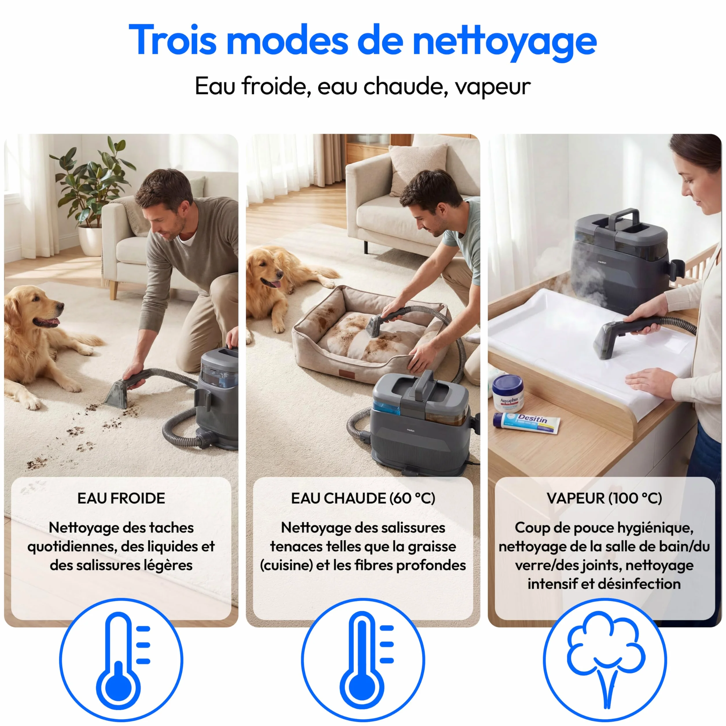 MEDION X10 UC Nettoyeur de tissus injecteur extracteur (Aspirateur eau pour tissus, moquettes et sièges auto, eau froide, eau chaude, vapeur, réservoir d'eau propre et d'eau sale, embout pour vitres,