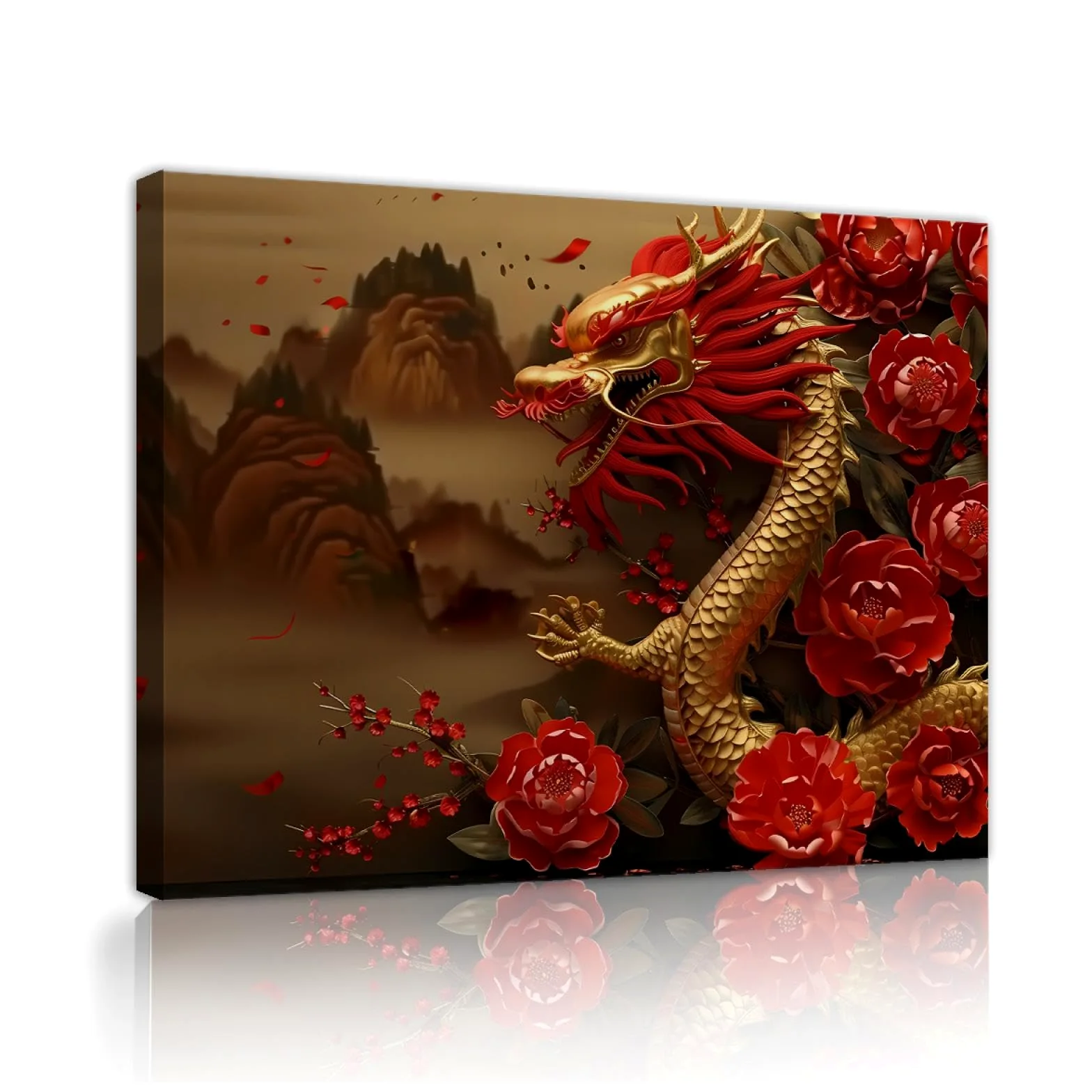 UIRINGART Pivoine rouge peinture sur toile impression dragon chinois motif affiches Art mural décor pour chambre salon salle à manger couloir bureau 60x80cm Cadre intérieur