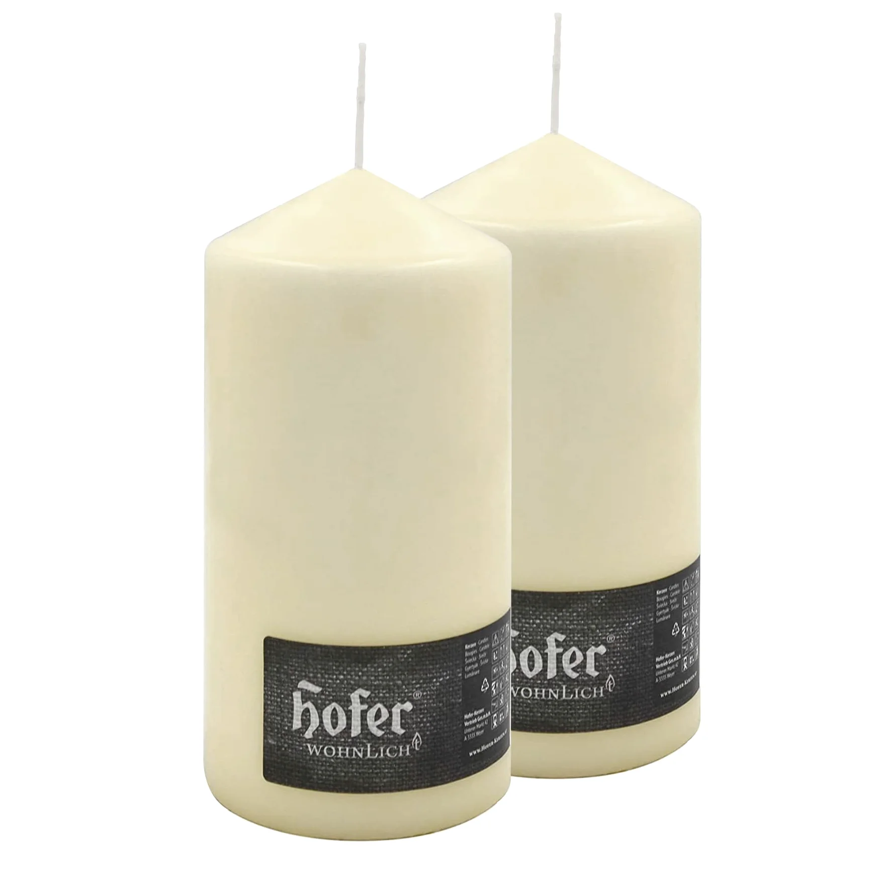 Hofer Bougies Pilier - 2 pièces - 110 Heures de Combustion - Ivoire - 10 cm x 20 cm - Cire Non parfumée, sans Gouttes, Longue durée, qualité UE