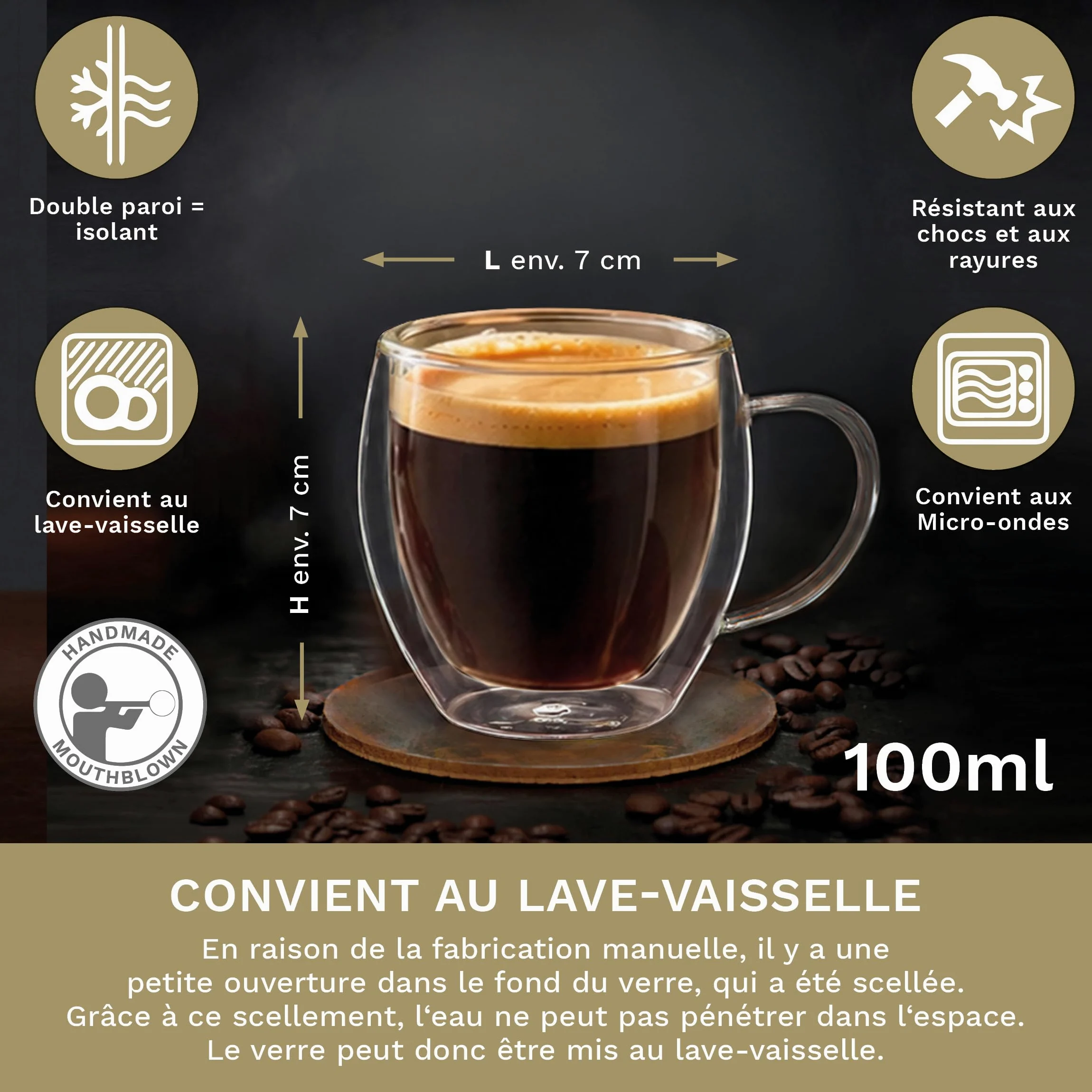 Creano Verre Double Paroi Espresso avec Anse 100 ml – Modèle Haut Isolant en Verre Borosilicate pour Boissons Chaudes et Froides – lot de 6 verres