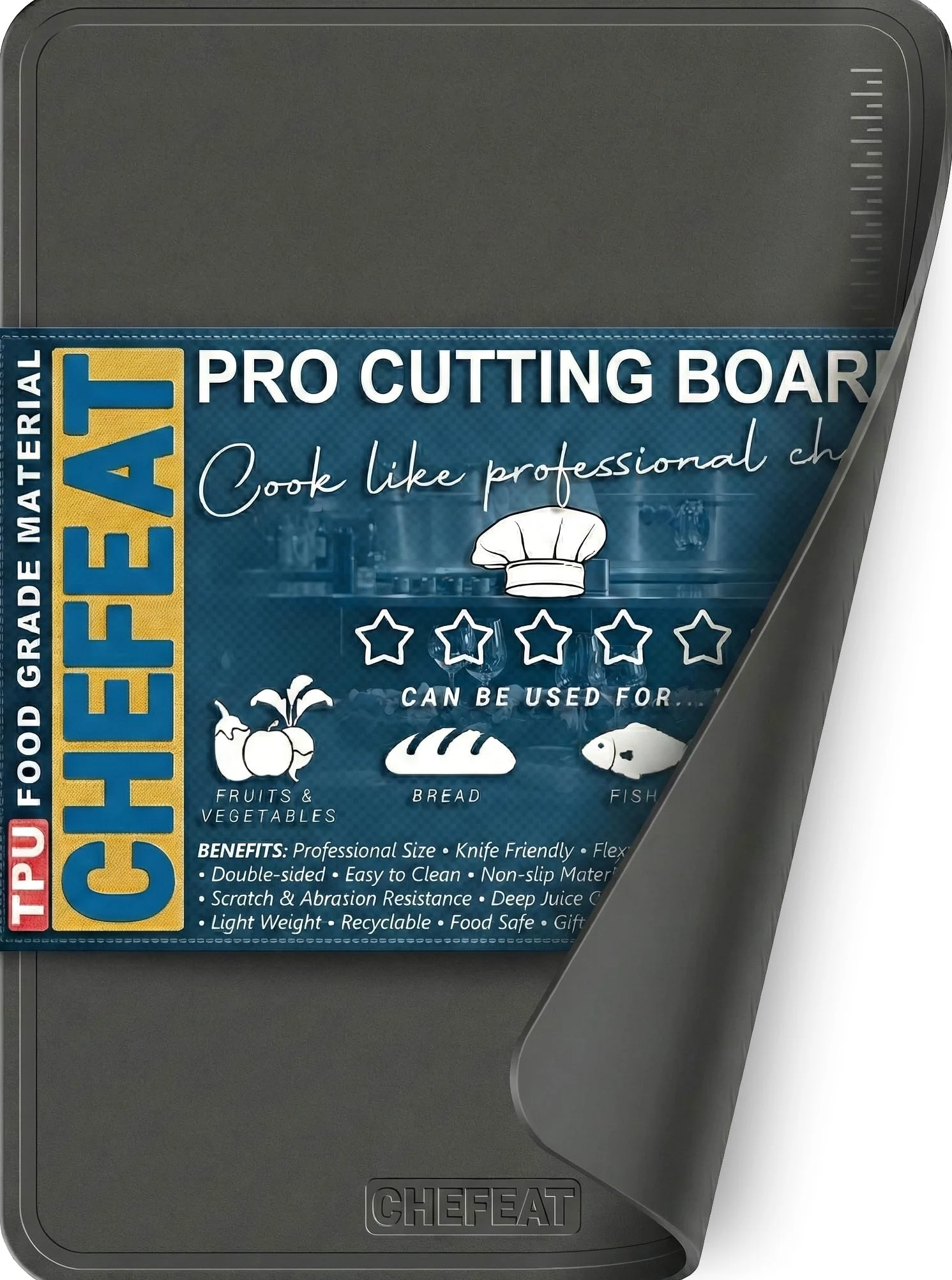 Planche à découper extra large en TPU - 43,9 x 32 cm - Flexible - Passe au couteau - Résistant aux rayures - Passe au lave-vaisselle - Sans BPA - Planche à découper double face avec rainure à jus pour