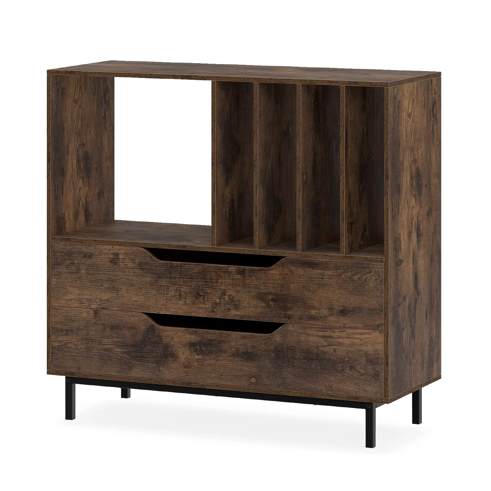 GIANTEX Meuble Platine Vinyle, Support pour Vinyles avec Compartiments Ouverts, 4 Séparateurs, Pieds Métalliques et Tiroir, Étagère pour Disques en Bois pour Salle de Musique, Salon (Marron)