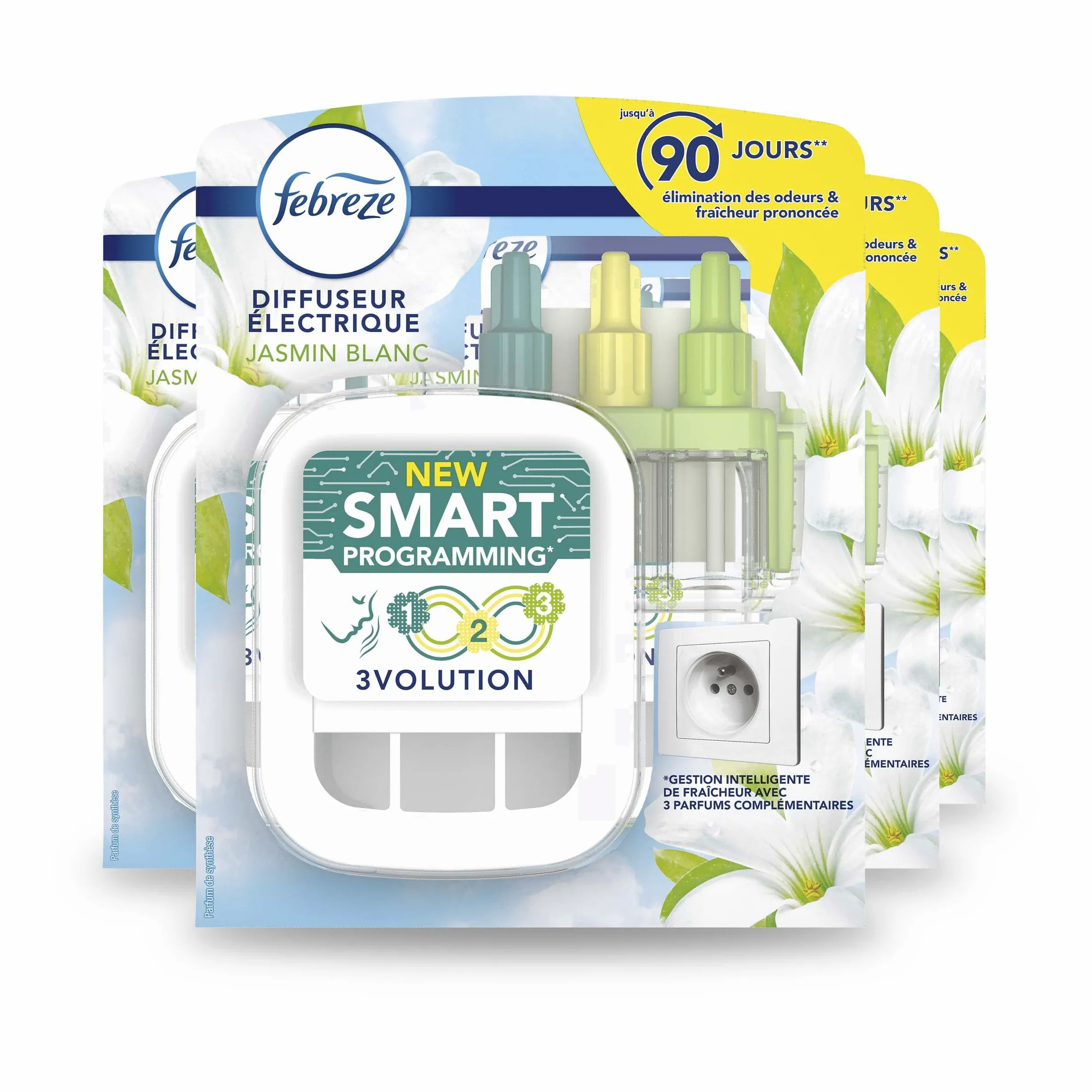 Febreze 3Volution 4 Kits Et 4 Recharges Diffuseur Parfum Maison Électrique, Jasmine Blanc, Désodorisant Smart Programming, Élimination Des Odeurs Maison