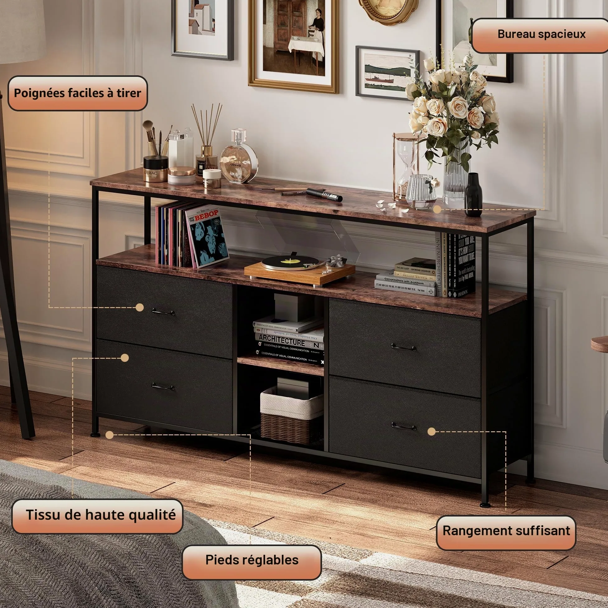 MEXUS Meuble TV, LED Meuble Tele Haut, Meuble TV avec Rangement, Etagères Réglables, 4 tiroirs en Tissu, Intégrez Solutions Rangement Optimisez Visionnage Améliorez L'esthétique (Noir, 137cm)